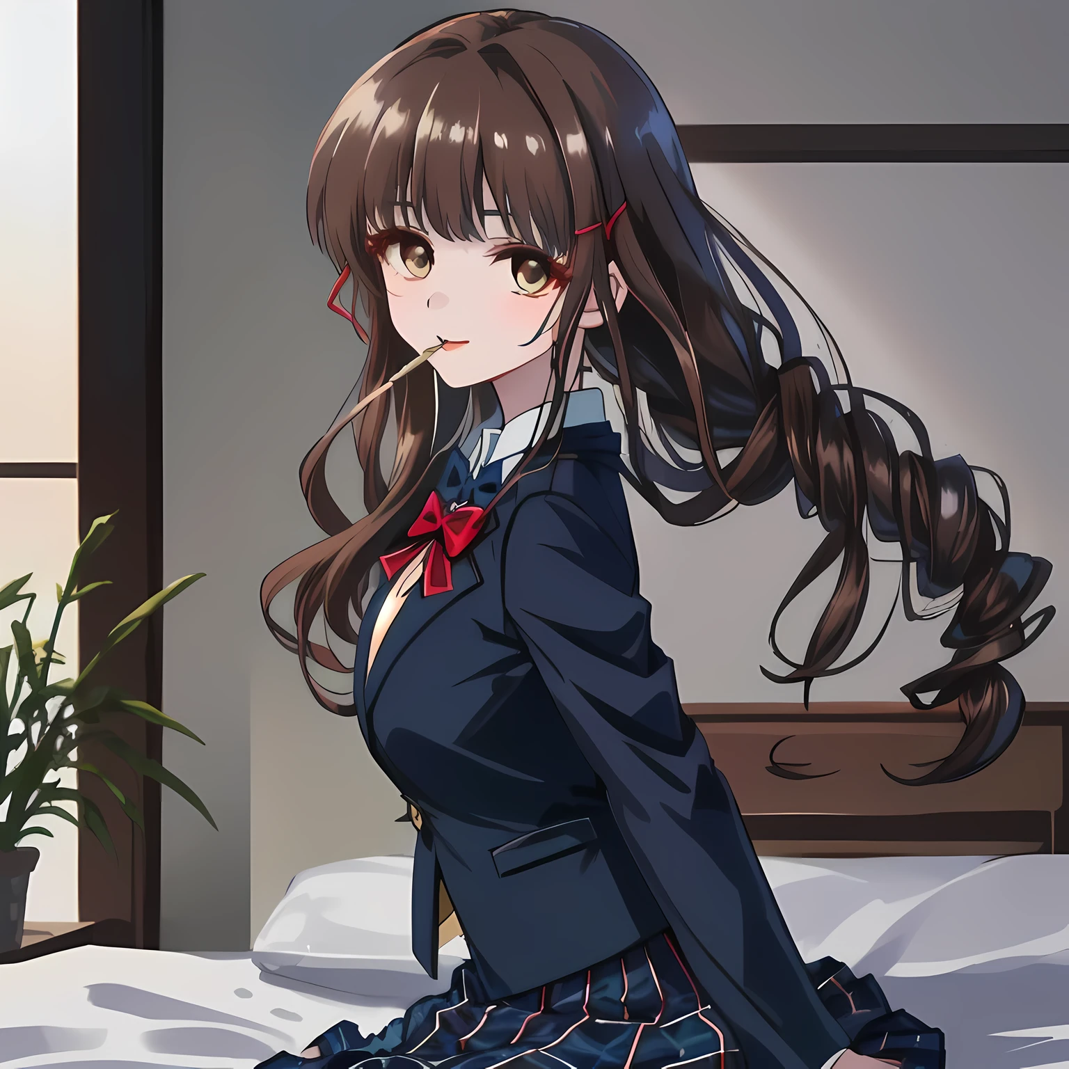 highest quality, (masterpiece:1.2), High resolution, perfect pixel, One so beautiful woman playing alto recorder, 16 years old, (((big very detailed beautiful dark brown eyes like angel))), ((girly large wine-red glossy polyester Japanese school ribbon bow tie)), (((long beautiful wavy hair))), ((((dark blue & deep navy colored tartan checkered long skirt)))), ((A formal dark blue blazer that is slightly larger and has a gold emblem on the left chest that feels like the texture of the cloth.)), Watching the viewer and laughing, Very fun, Very happy, mouth is open, the skirt is so cute, detailed fingers, modest chest, curled bangs, ((Lip balm)), so beautiful, checkered comforter, checkered bed sheet, cute long ribbons on the bed, long eyelashes, ((Skirt and bow tie is photo realistic)), music room, Appeal to viewers, big long girly hair ribbons, Impressive and very beautiful eyes, shot from the side