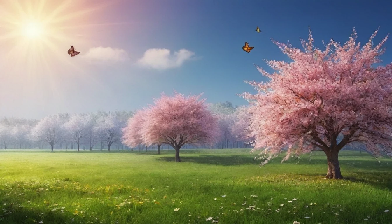 (best quality,4k,8k,highres,masterpiece:1.2),ultra-detailed,(realistic,photorealistic,photo-realistic:1.37),bright vibrant morning light,colorful fresh flowers,blooming cherry blossoms,lush green grass,clear blue sky,tall swaying trees,fragrant floral scent,dew drops sparkling on petals,butterflies fluttering around,peaceful birds chirping,gentle breeze,serene tranquil atmosphere,soft sunlight streaming through leaves,blissful feeling of new beginnings,nature awakening from winter slumber