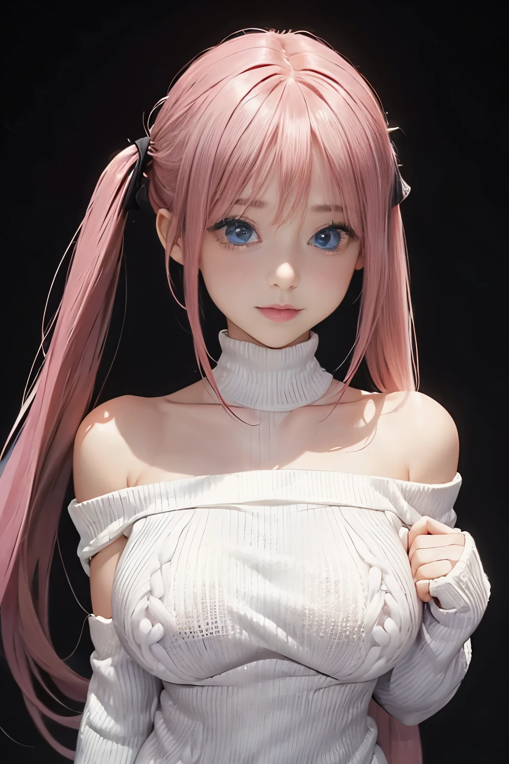 Optimal，masterpiece，High resolution，highest quality，（Upper body），cute face，，pink hair、twin tails、long hair、hair line，（（blue eyes）），long eyelashes，drooping corners of the eyes，white skin，((shoot from the front:1.5)), ((Tight knit off-shoulder sweater:1.5)), ((tight yoga pants)). ((transparent nipples))、((black gloves))、rocket tits, ((big breasts:1.3))