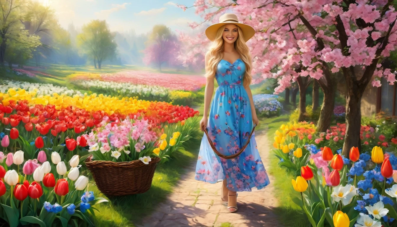 A beautiful girl with flowing blonde hair, dressed in a vibrant floral dress and a wide-brimmed hat, standing in a blooming garden. The garden is full of colorful flowers, such as tulips, daisies and cherry blossoms. The girl has bright blue eyes and a warm smile. Sunlight gently filters through the leaves of the surrounding trees, casting a soft glow on the scene. Butterflies flutter, adding a touch of fantasy to the atmosphere. The air is filled with the sweet aroma of fresh flowers. The girl holds a small basket with freshly cut flowers, ready for a morning walk. The scene radiates a feeling of tranquility and joy. Colors are vivid and details are finely rendered, creating an ultra-detailed and realistic representation. The overall atmosphere is cheerful and evokes the feeling of a calm spring morning. The message guarantees the best quality, 4k resolution and a high level of realism. The lighting is soft and natural, enhancing the overall beauty of the scene. The artwork reflects a portrait style focused on capturing the essence of spring. The color palette is fresh and lively, with a harmonious combination of pastel tones and vibrant hues.