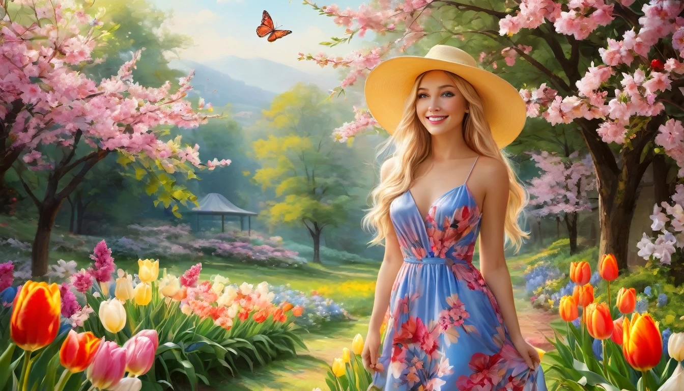 A beautiful girl with flowing blonde hair, dressed in a vibrant floral dress and a wide-brimmed hat, standing in a blooming garden. The garden is full of colorful flowers, such as tulips, daisies and cherry blossoms. The girl has bright blue eyes and a warm smile. Sunlight gently filters through the leaves of the surrounding trees, casting a soft glow on the scene. Butterflies flutter, adding a touch of fantasy to the atmosphere. The air is filled with the sweet aroma of fresh flowers. The girl holds a small basket with freshly cut flowers, ready for a morning walk. The scene radiates a feeling of tranquility and joy. Colors are vivid and details are finely rendered, creating an ultra-detailed and realistic representation. The overall atmosphere is cheerful and evokes the feeling of a calm spring morning. The message guarantees the best quality, 4k resolution and a high level of realism. The lighting is soft and natural, enhancing the overall beauty of the scene. The artwork reflects a portrait style focused on capturing the essence of spring. The color palette is fresh and lively, with a harmonious combination of pastel tones and vibrant hues.