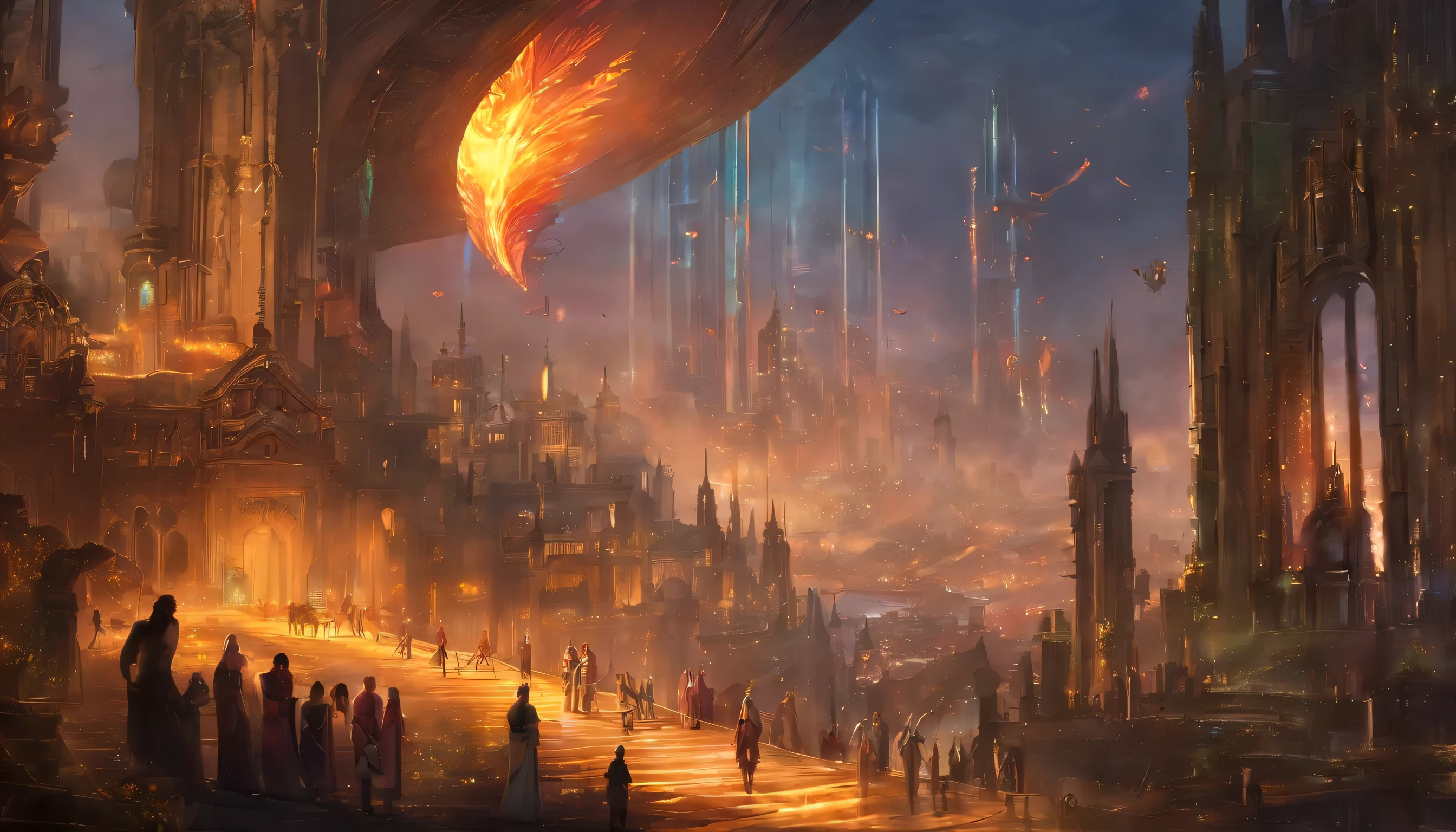 ((highest quality)), ((masterpiece)), (be familiar with), night,large crowd of people々,(person running away from robot soldiers々2.0),crowd,future city,perfect details,architecture,curved skeleton,fantastic world,3DCG,city of ruins,glass wall,View from inside,Decadent world,person walking head down々,light from the central building,explosive flame
