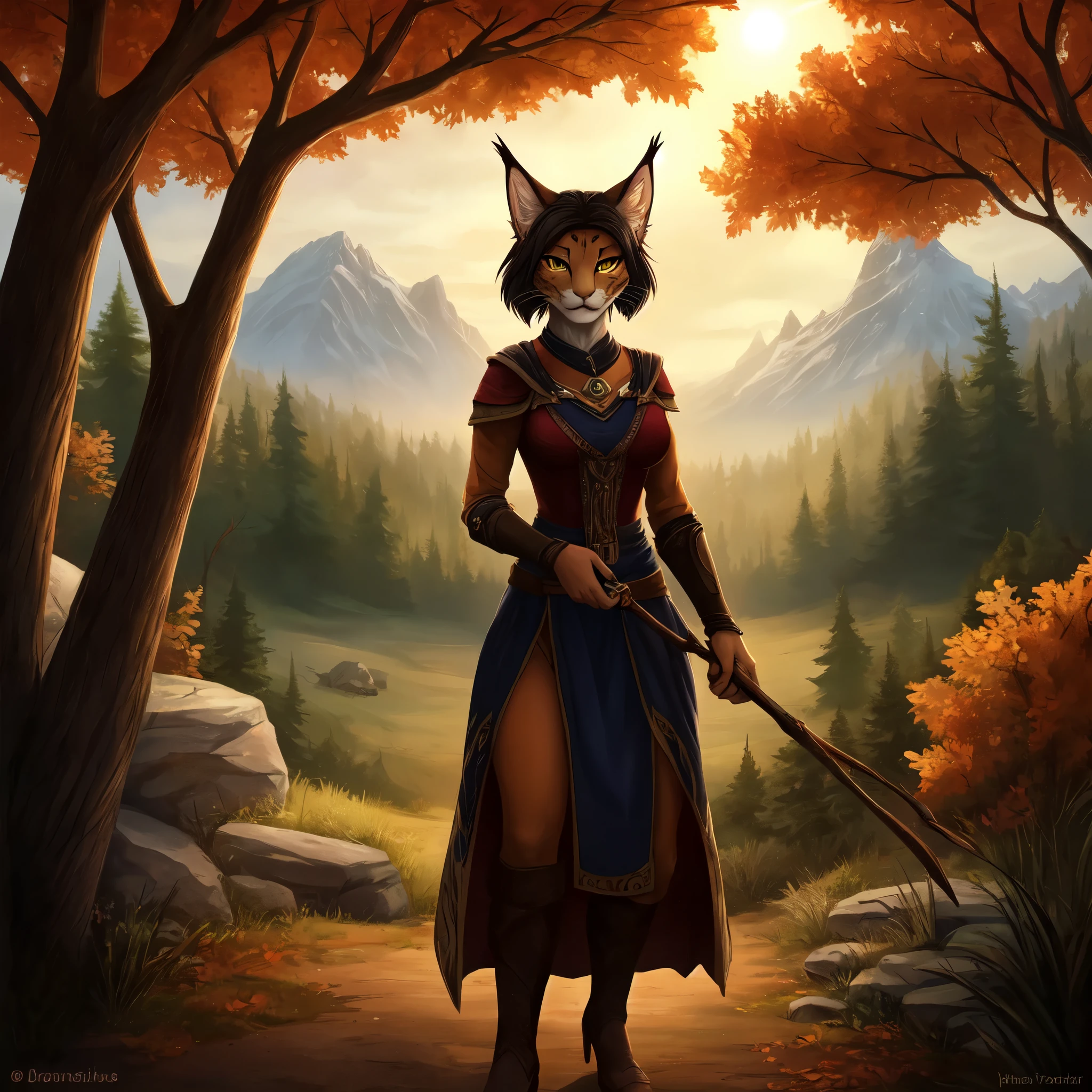 A seductive fitness woman with a medium-long black hair and a grey fur, resembling a Khajiit from "The Elder Scrolls". She has beautiful lynx ears with piercings and is adorned with elaborate jewelry. Her toned body accentuates her alluring figure. She is standing in an autumn forest surrounded by majestic mountains. The forest is filled with vibrant shades of red, orange, and yellow, reflecting the season's change. She holds a hunting bow in her hand, embodying her agile and skilled nature. The sunlight gently filters through the dense foliage, casting a warm and ethereal glow on her. The scene exudes a sense of mystery and tranquility, inviting viewers to explore the enchanting world of the Khajiit. With the best quality and ultra-detailed rendering, the resulting artwork will capture the essence of this seductive yet powerful character amidst the beauty of nature.