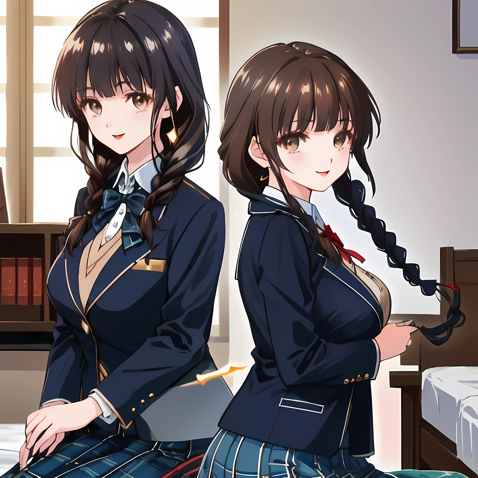 highest quality, (masterpiece:1.2), High resolution, perfect pixel, One so beautiful woman is lying on the bed, 16 years old, ((detailed eyes)), ((girly large wine-red glossy polyester Japanese school ribbon bow tie)), (((long beautiful wavy hair))), ((((dark blue & deep navy colored tartan checkered long skirt)))), ((A formal dark blue blazer that is slightly larger and has a gold emblem on the left chest that feels like the texture of the cloth.)), Watching the viewer and laughing, Very fun, Very happy, mouth is open, the skirt is so cute, detailed fingers, modest chest, curled bangs, Lip balm, The background is a black bed in a night room, Beautiful down to the tips of her legs, I want to be intricately intertwined., so beautiful, checkered comforter, checkered bed sheet, cute long ribbons on the bed, long eyelashes, (Skirt and bow tie is photo realistic), (background is photo realistic)