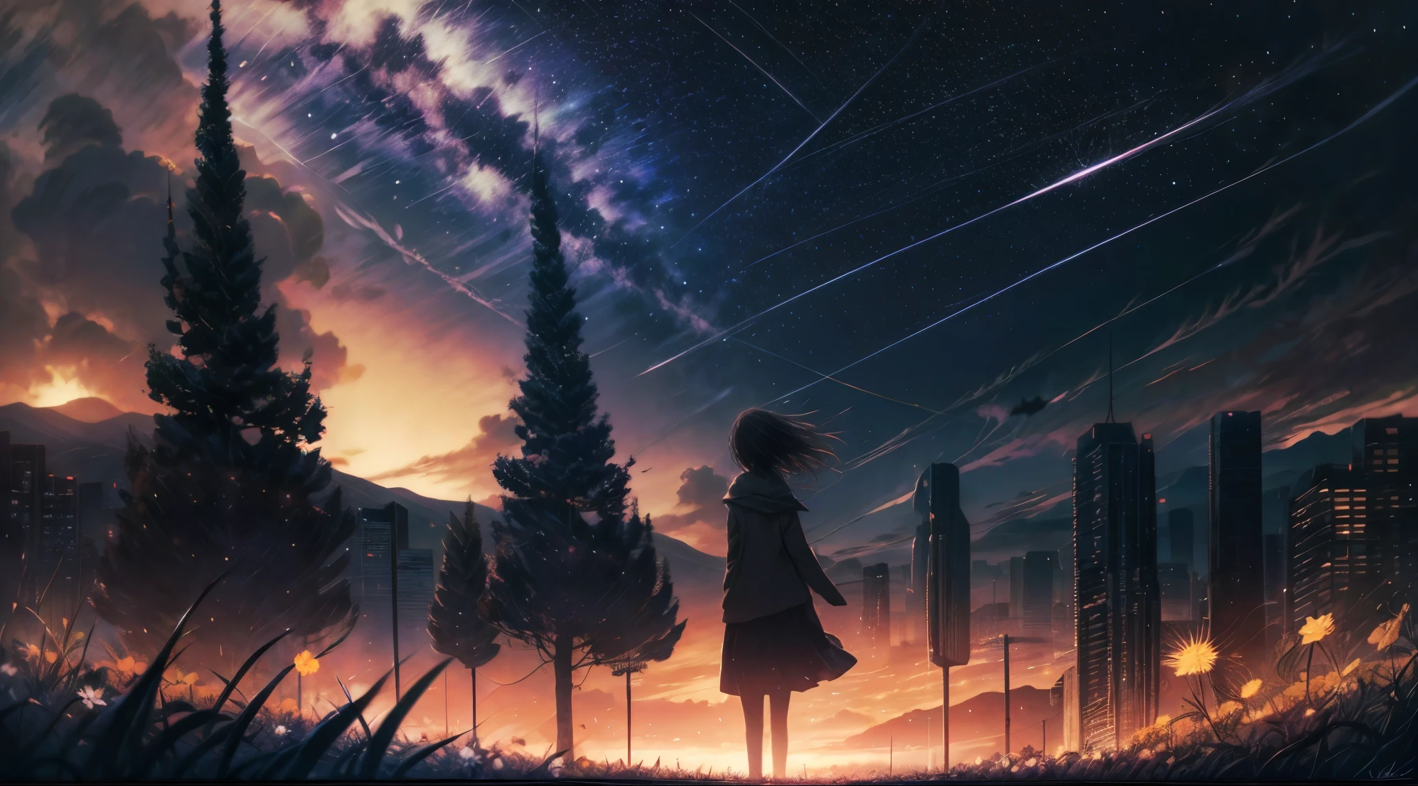  rain, downpour, flowers field, bright night, aesthetics, skies full of stars, crescent, dark blue and bright orange colors, anime, Ghibli-like colours, cinematic lighting, wide shot, 16k, 8k, highres, best quality, high quality, award winning, super detail, ccurate, masterpiece, UHD