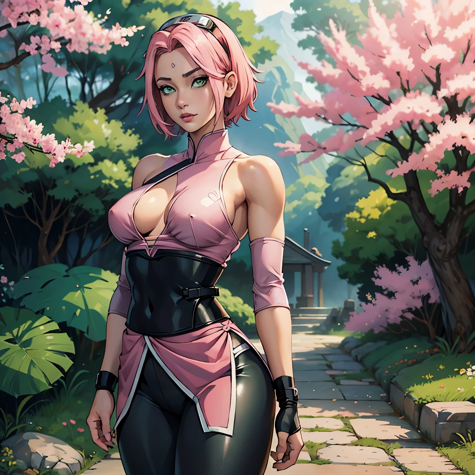 ((ultra quality)), ((masterpiece)), Haruno Sakura, Naruto Shippuden, ((pink short hair)), (beautiful cute face), (beautiful female lips), Charming, ((sexy facial expression)), looks at the camera, eyes slightly open, (skin color white), (blue skin), glare on the body, ((detailed beautiful female eyes)), ((green eyes)), (juicy women's lip liner), (beautiful female hands), ((ideal female figure)), ideal female body, beautiful waist, gorgeous thighs, beautiful small breasts, ((thin and beautiful)), stands temptingly (Rear view), (Sakura Haruno's clothes, black skinny shorts, leggings, Hidden Leaf Village Shinobi Clothes) background: hidden leaf village, Naruto shippuden, ((depth of field)), ((clear high quality image)), (Clear details), ((high detail)), really, professional photo shoot, ((Clear Focus)), anime