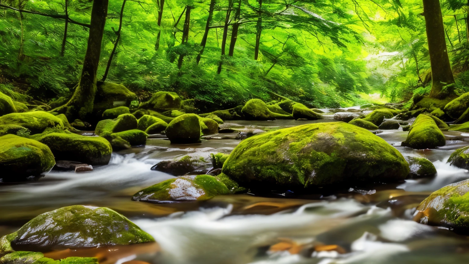 I took a photo of a peaceful moment spent in nature..。wood々Imagine a peaceful landscape bathed in soft morning light.。.。a gentle meandering stream、Surrounded by lush greenery。The overall atmosphere is calm and connected to the natural world.、Highlights the beauty and serenity of outdoor moments。