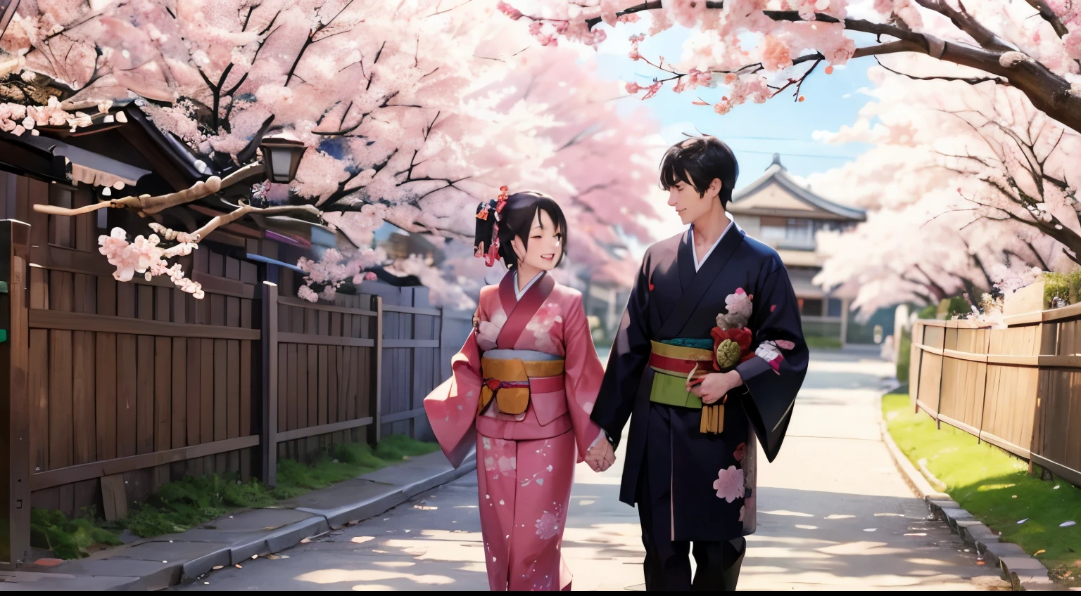 kimono、male、woman、2people、hold hands、20th generation、smile、stroll、cherry blossoms、cherry blossoms吹雪