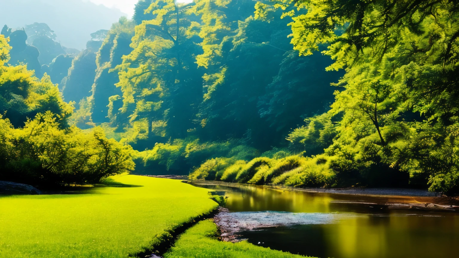 I took a photo of a peaceful moment spent in nature..。wood々Imagine a peaceful landscape bathed in soft morning light.。.。a gentle meandering stream、Surrounded by lush greenery。The overall atmosphere is calm and connected to the natural world.、Highlights the beauty and serenity of outdoor moments。
