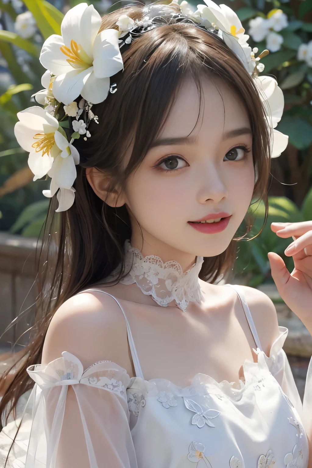 Chinese girl, Sweet and lovely girl, big eyes, illustrations, long hair, braids, fluffy hair, front, film angle, reflective hair, watery eyes, looking at you, facial details, facial focus, masterpiece, best quality, extremely delicate and beautiful, dynamic angle, complex details, beautiful and delicate eyes, delicate face, delicate and clear facial features, tender lips, real, lovely, focus, clear lines, 8k high-resolution, good-looking, smiling, wearing white dress, fashionable and beautiful, depth of field