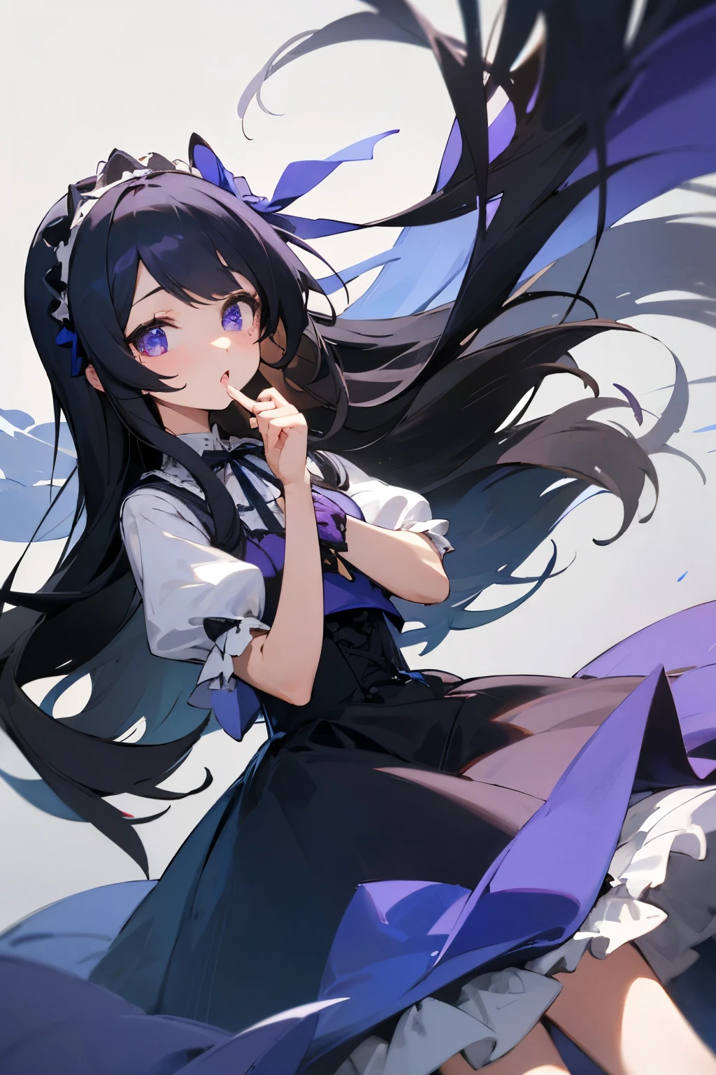 long black hair、wearing a bright blue lolita、purple eyed girl、The one who gets teased、blue and purple