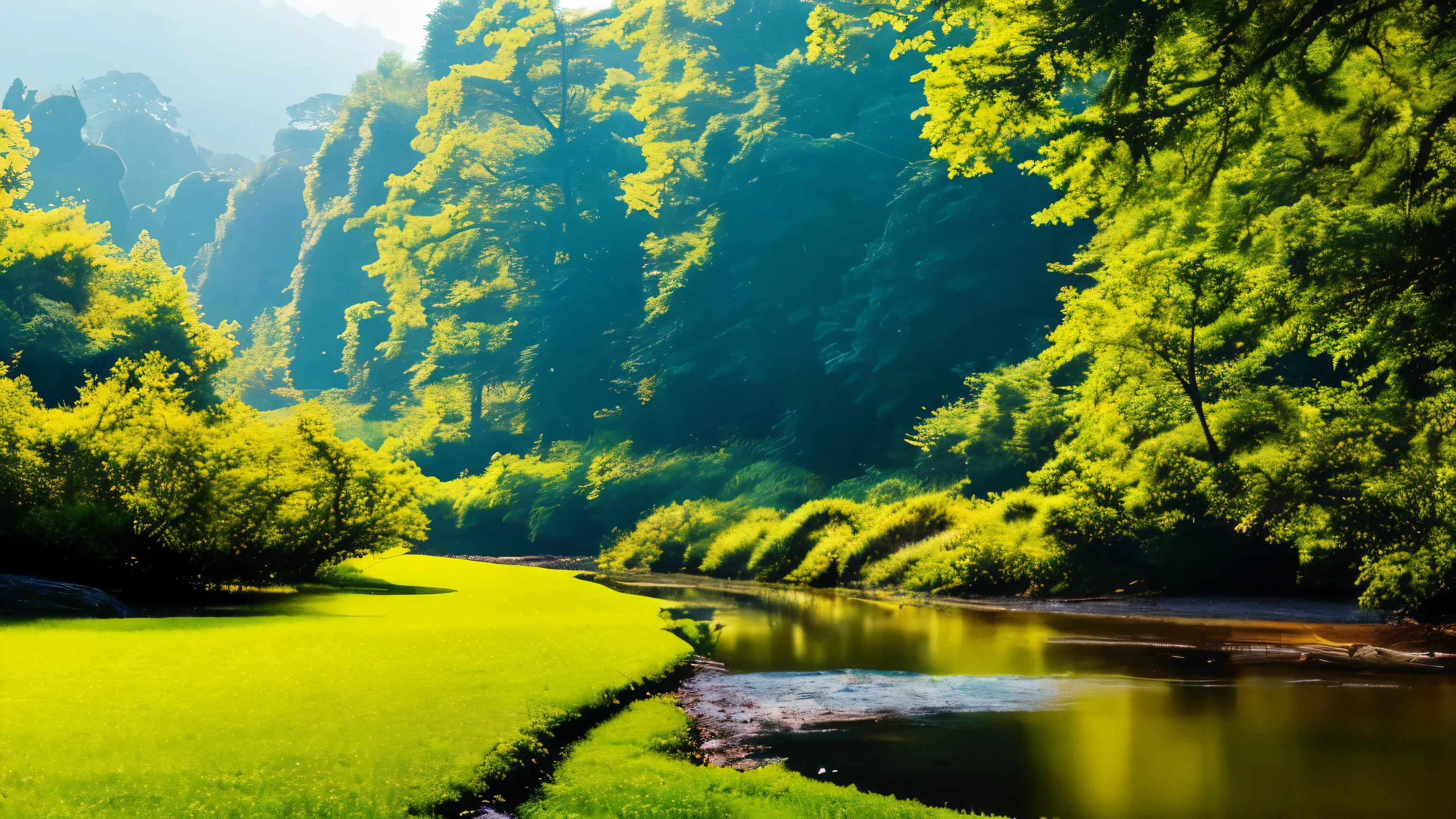 I took a photo of a peaceful moment spent in nature..。wood々Imagine a peaceful landscape bathed in soft morning light.。.。a gentle meandering stream、Surrounded by lush greenery。The overall atmosphere is calm and connected to the natural world.、Highlights the beauty and serenity of outdoor moments。