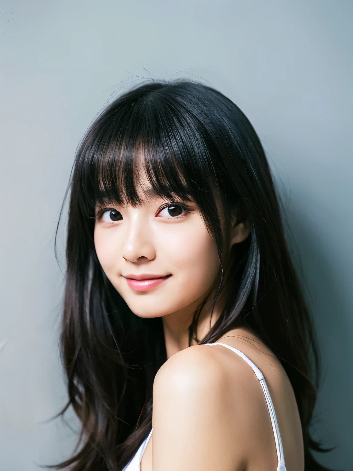 japanese woman、1 person、black hair、Straight semi-long hair、thin upper lip、Very chunky lower lip、Narrow hanging eyes、small black eye、(narrow space between the eyes)、(short and cute nose)、(Align bangs、bangs are straight、Bangs down to the eyebrows、blunt cut)、long eyelashes、Double back eyelid、(Thin contours、thin face)、cheekbones are low、Adult-like appearance、thin eyebrows、dark eye makeup、looking at the camera、smile、In town、Backlight、full body photo