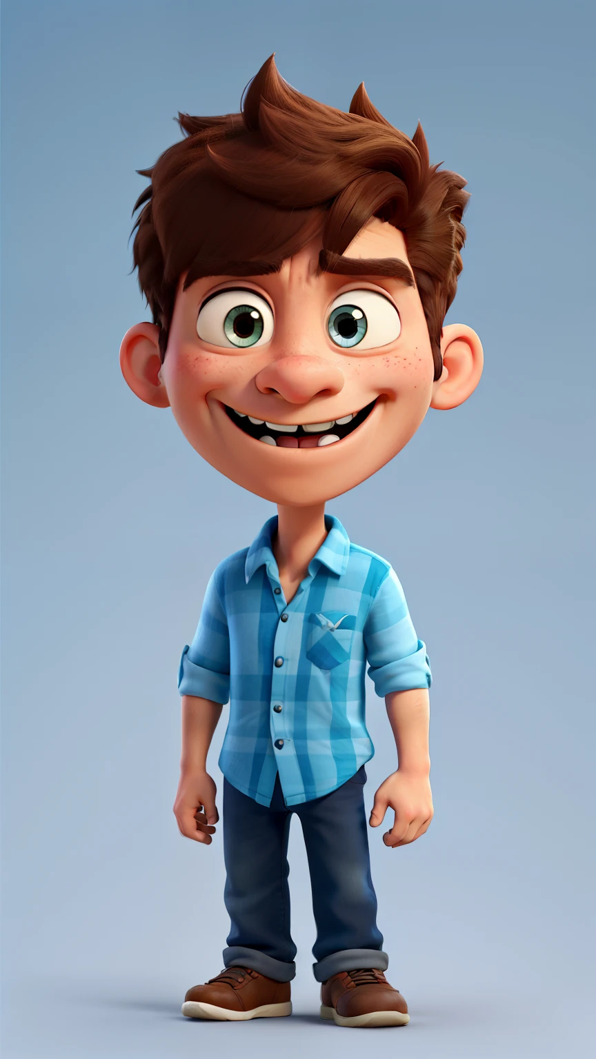 A cartoon man with a light blue shirt and a very angry expression, with his teeth clenched tightly, stands tall in a full body character portrait, his chiseled features and expressive eyes conveying his strong emotions in high-detailed cartoon style. His cartoon character design, featuring toon rendering and an animation-ready body, is infused with charisma and charm unique to this artstyle.

Adjacent to him is a female lead character, embodying a cute cartoon character design with delicate features and dark brown short hair. Her high quality character illustration captures the essence of her cheerful, optimistic personality, contrasting the anger of the male character with her upbeat energy
