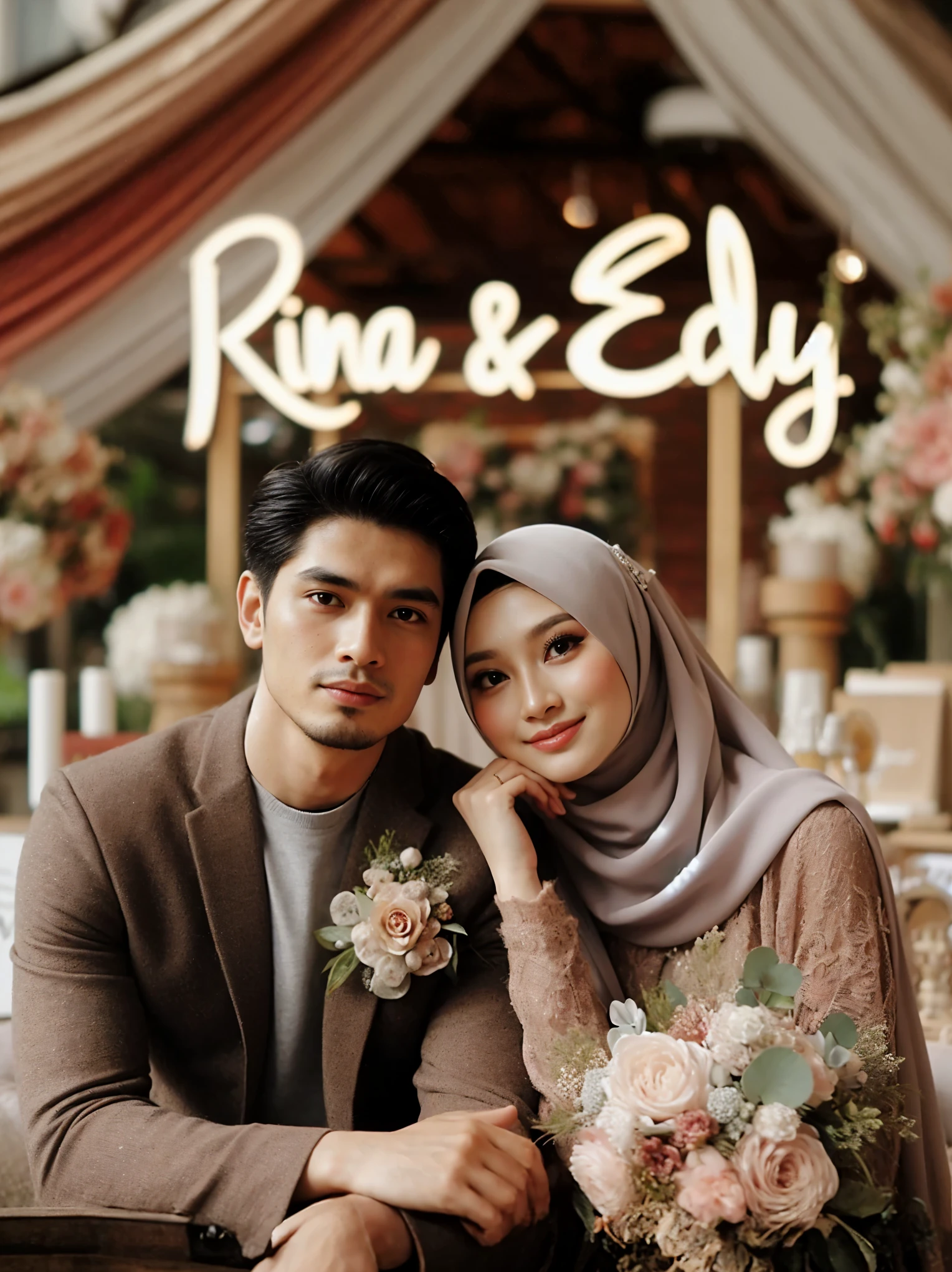 bride and groom pose for a photo in front of a wedding sign, lovely couple, in romantic style, ✨🕌🌙, backdrop, with ivy, ruan jia and brom, album art, rin, 🕹️ 😎 🔫 🤖 🚬, romantic themed, emir, fanart, 👁🌹👾, geometric backdrop; led, couple portrait, instagram picture