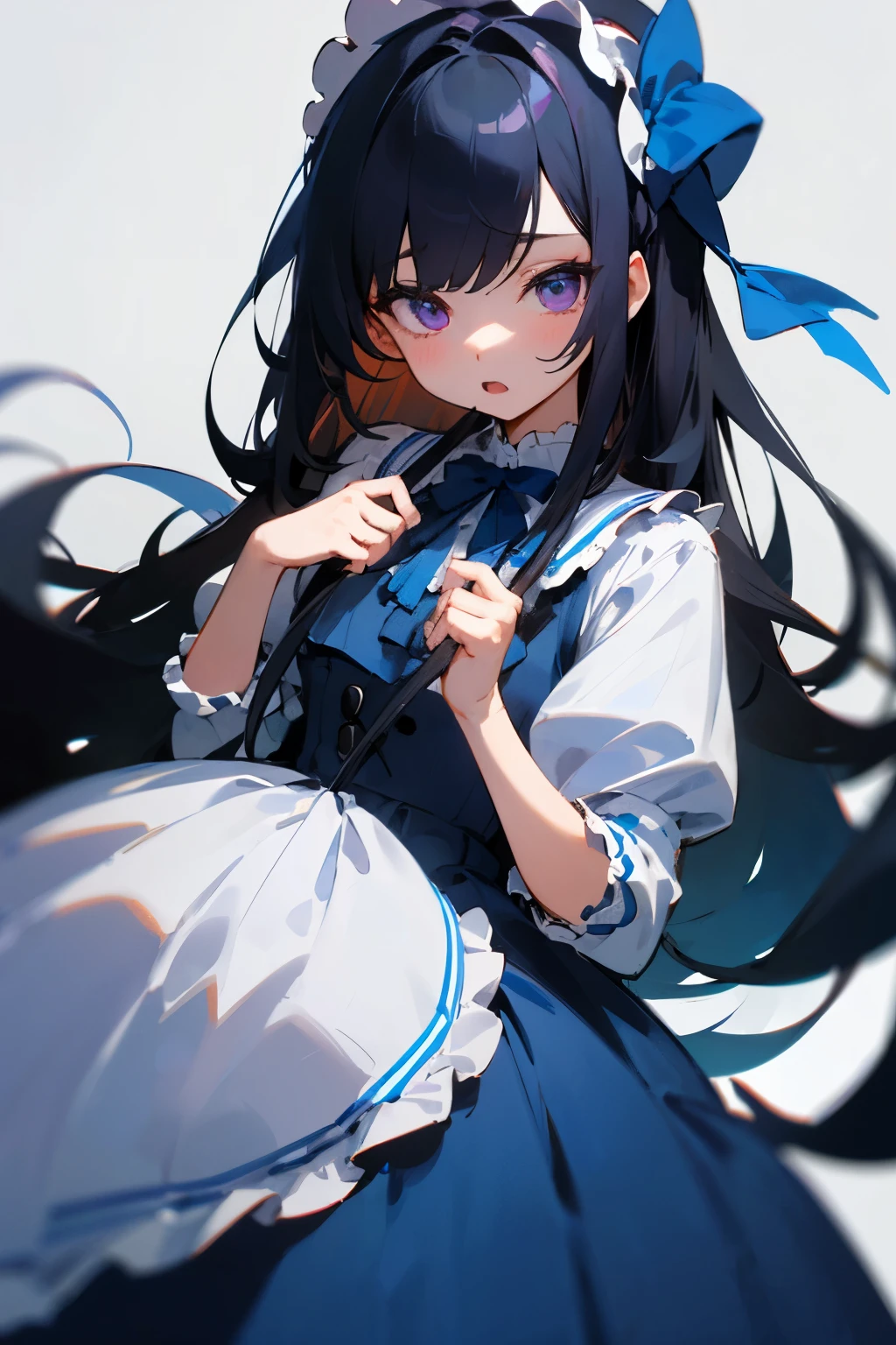 long black hair、wearing a bright blue lolita、purple eyed girl、The one who gets teased、blue and purple