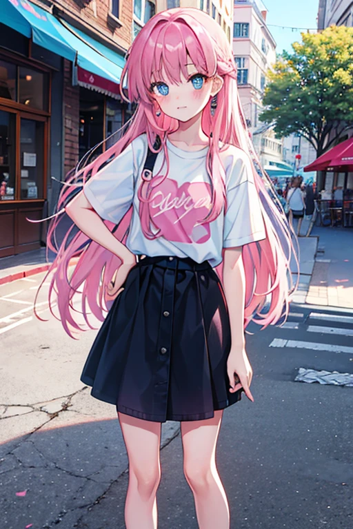 long hair, pink hair, blue eyes, t-shirt, standing, Blushing, Fair skin, outdoors, cafe, looking at viewer, 1990s (style), --niji 5  --ar 2:3