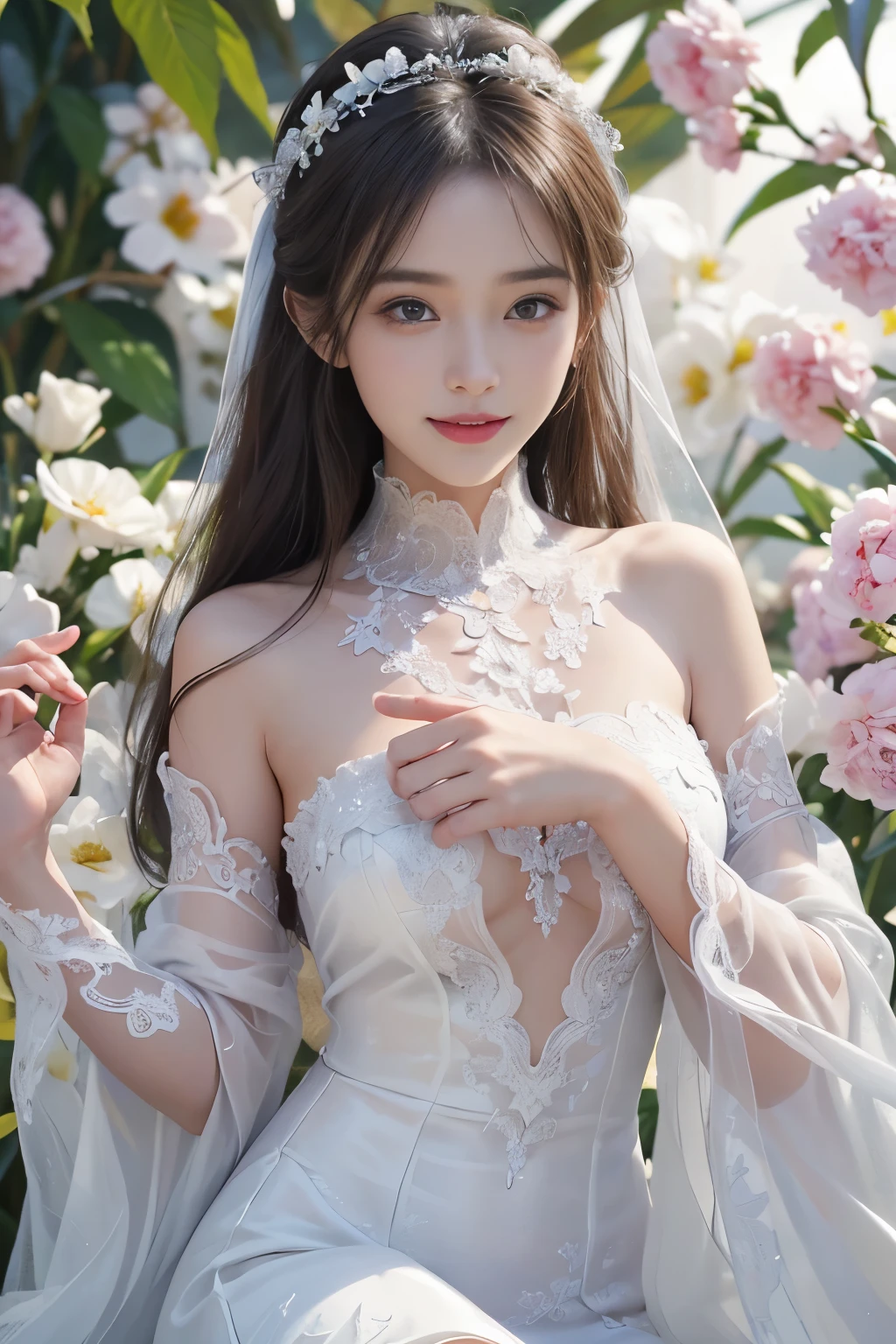 best quality、tmasterpiece、ultra high resolution、actual、1 girl、Glossy skin、((Surreal detailed))、Global photo、8K、Highly complex details、shinning eyes、highkey、pureerosfaceace_v1、A smile、Elegant pose、White ultra-thin transparent lace、Lots of flowers in the background