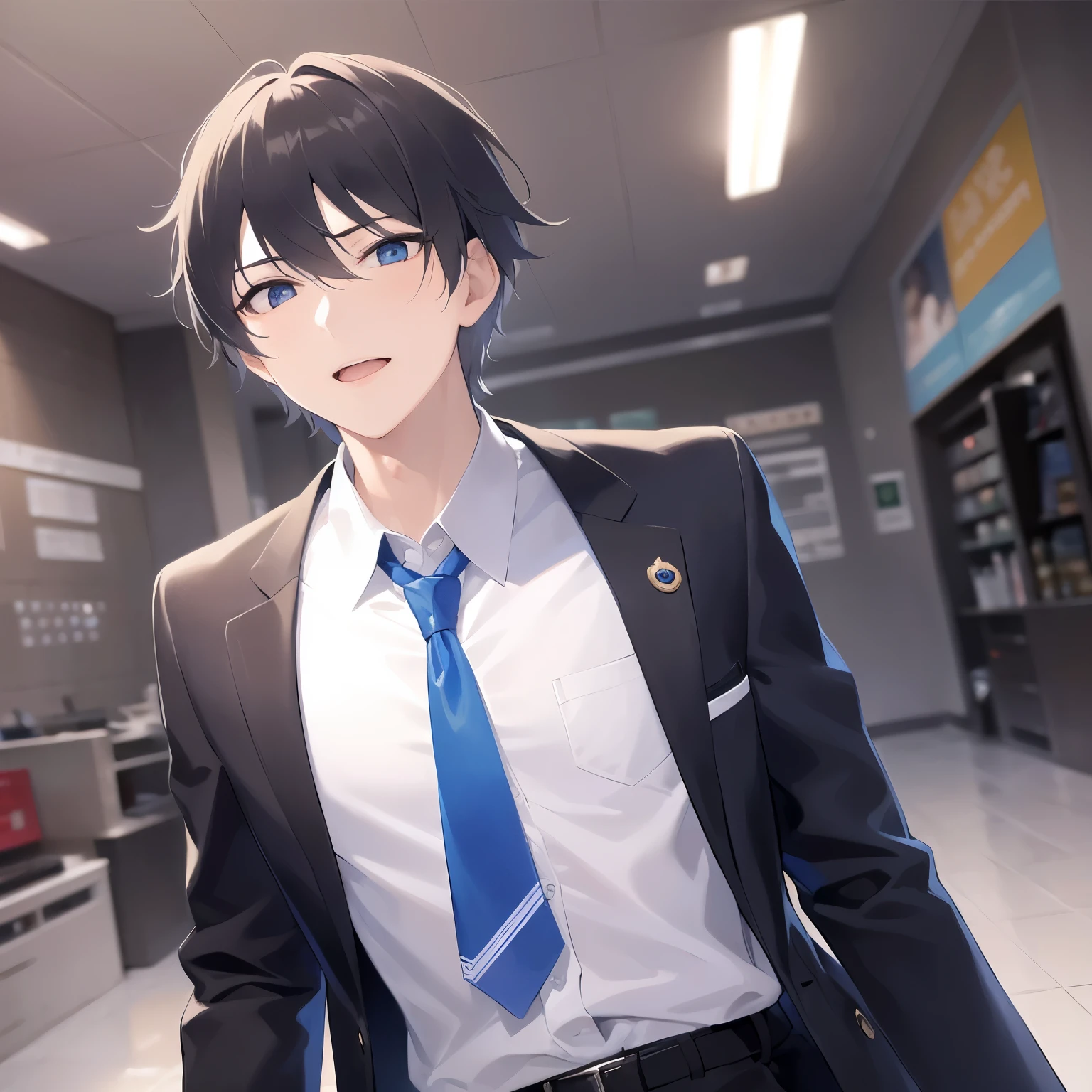 side angle, (looking away:1.5), Shooting from below, masterpiece、highest quality、(25 year old male:1.5) and (black short hair) and (blue eyes), wearing a suit、wearing a white shirt、Wearing a blue tie、smile、open mouth, The background is an office、(Alone:1.5)、Are standing