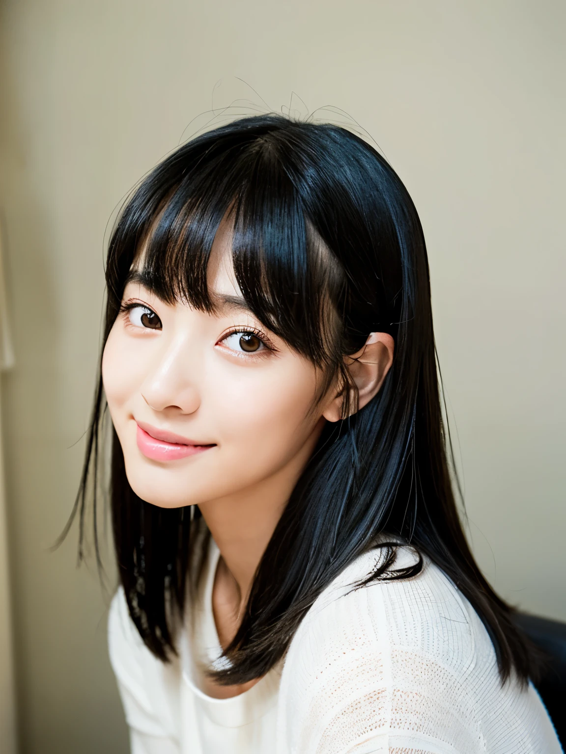 japanese woman、1 person、black hair、Straight semi-long hair、thin upper lip、Very chunky lower lip、Narrow hanging eyes、small black eye、(narrow space between the eyes)、(short and cute nose)、(Align bangs、bangs are straight、Bangs down to the eyebrows、blunt cut)、long eyelashes、Double back eyelid、(Thin contours、thin face)、cheekbones are low、Adult-like appearance、thin eyebrows、dark eye makeup、looking at the camera、smile、In town、Backlight、full body photo
