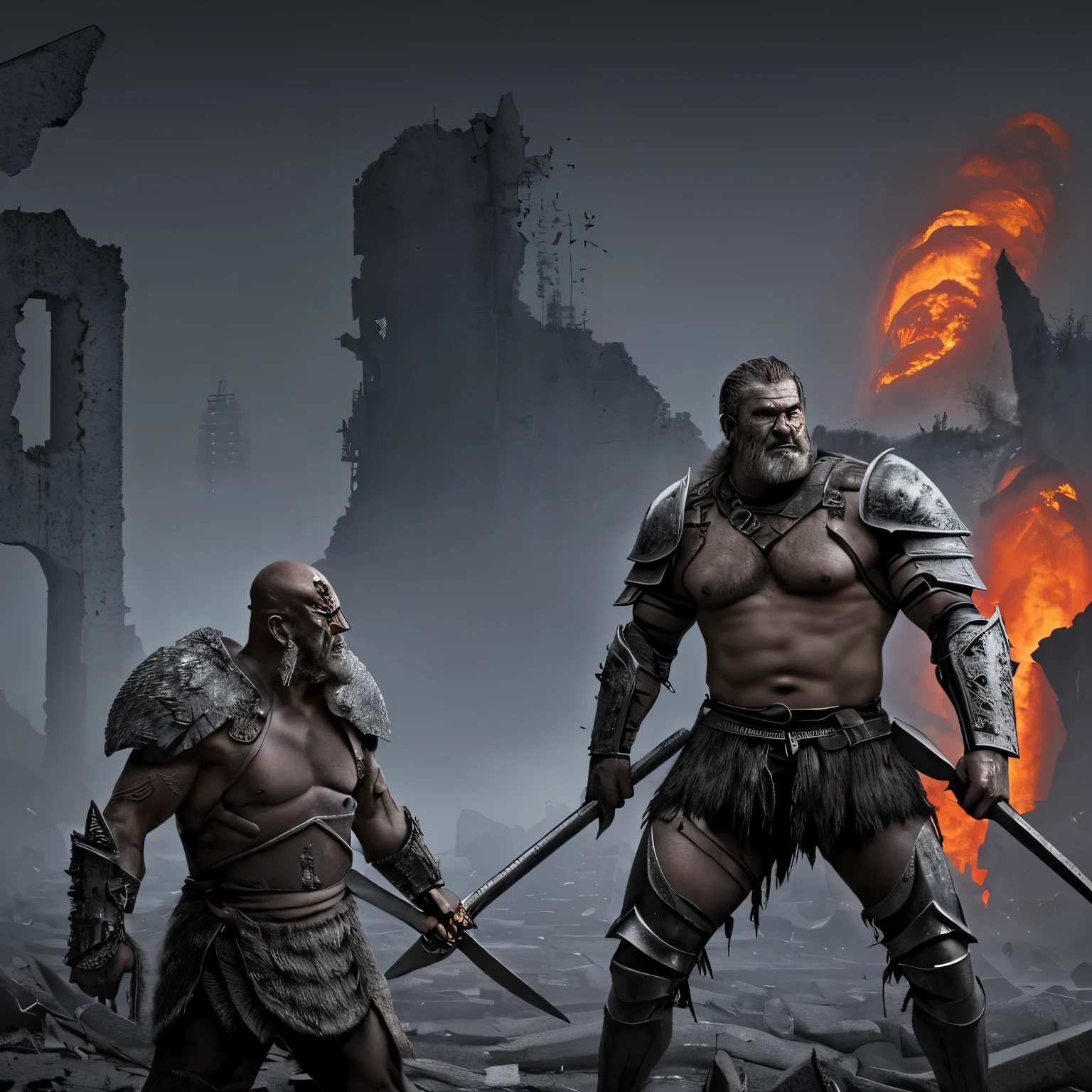 A man holding a double ax,Berserker in armor,Behind are the cruel ruins of war,Very handsome