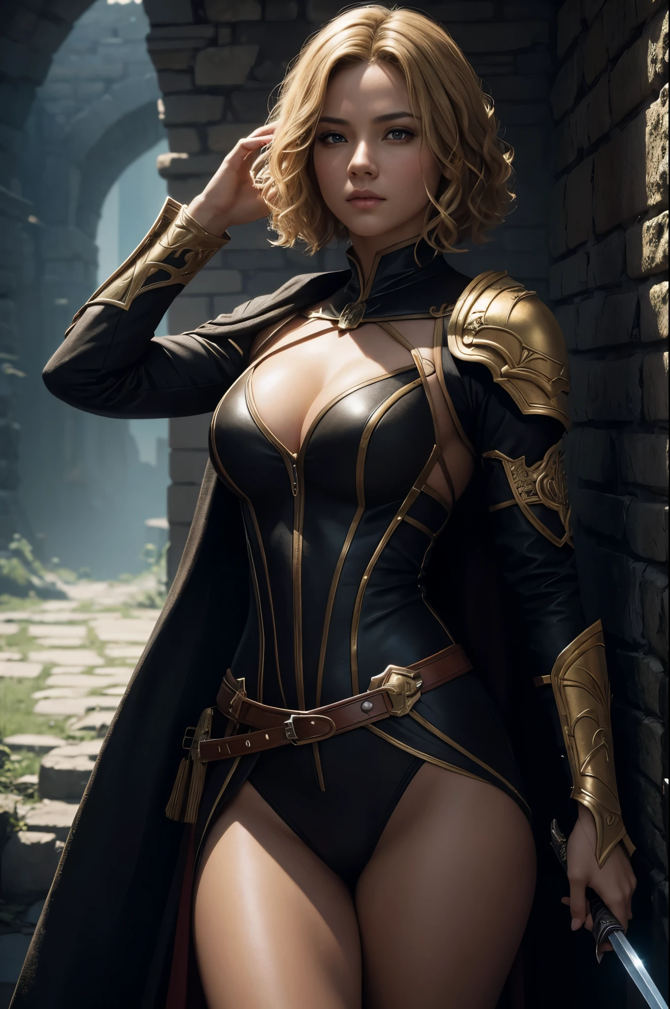 8K,A female assassin running in the night,Super beautiful(like the real thing),black and red assassin costume,adult woman,golden short perm hair,sexy,masterpiece,Photorealistic RAW photos of the highest quality。bright colors,rich colors, Backlight, cinematic lighting, film grain, to be born, 50MM lens, Nikon D850,super realistic skin,fantasy art,character art,ultra high resolution,realistic scale skin,Perfect hand shape,view audience,beautiful expression,Close-up,owns a short sword,Inside an abandoned castle,short blonde perm hair,