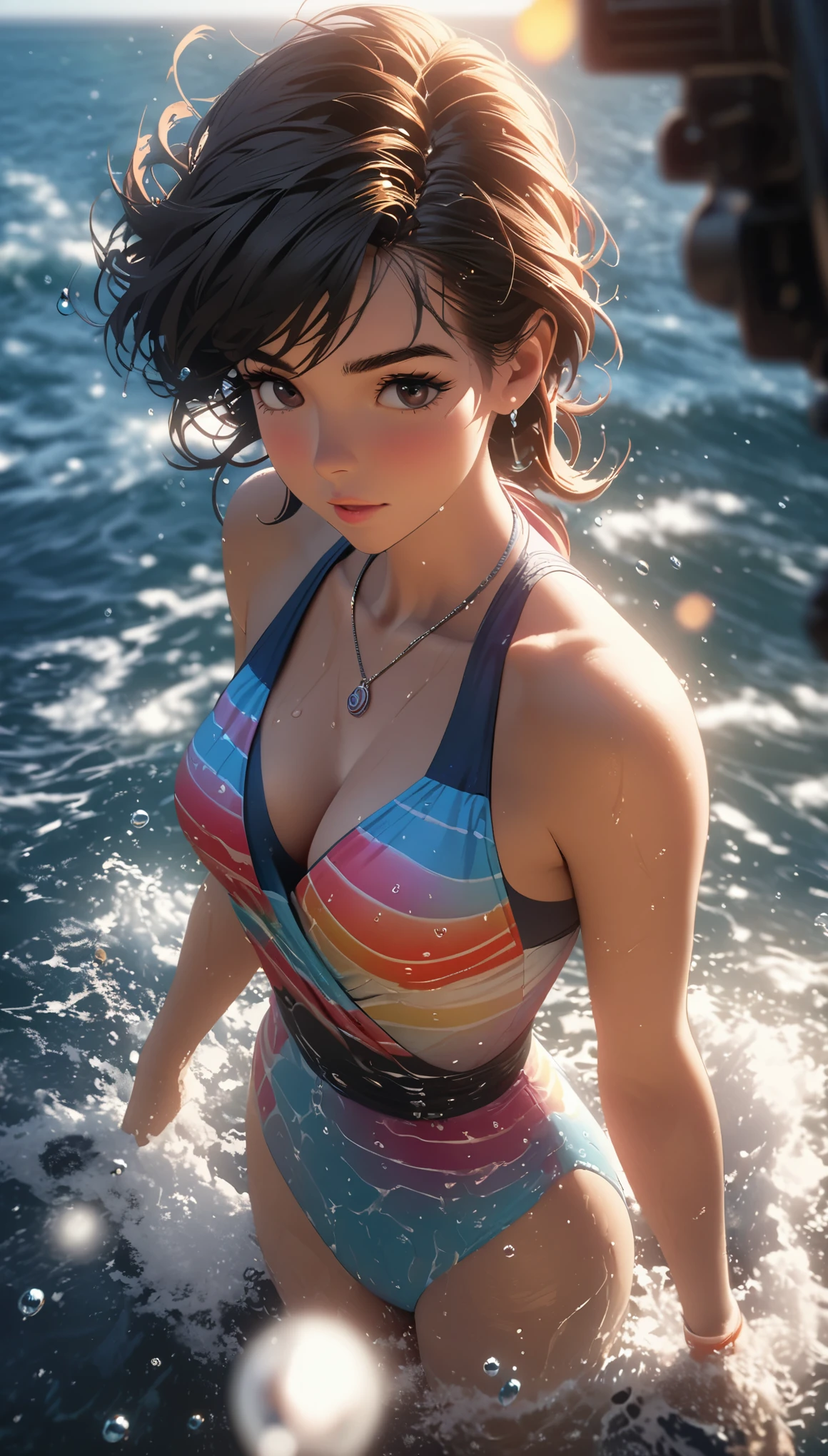Comic city hunter style，25-year-old heroic female killer，seaside，Pointing a pistol at me，open fire，water droplets，colorful，Japanese cartoonist Tsukasa Hojo&#39;s style，depth of field，OC renderer，Movie lighting，Super fine，Super detailed，complex，cinematic perspective，CG art，