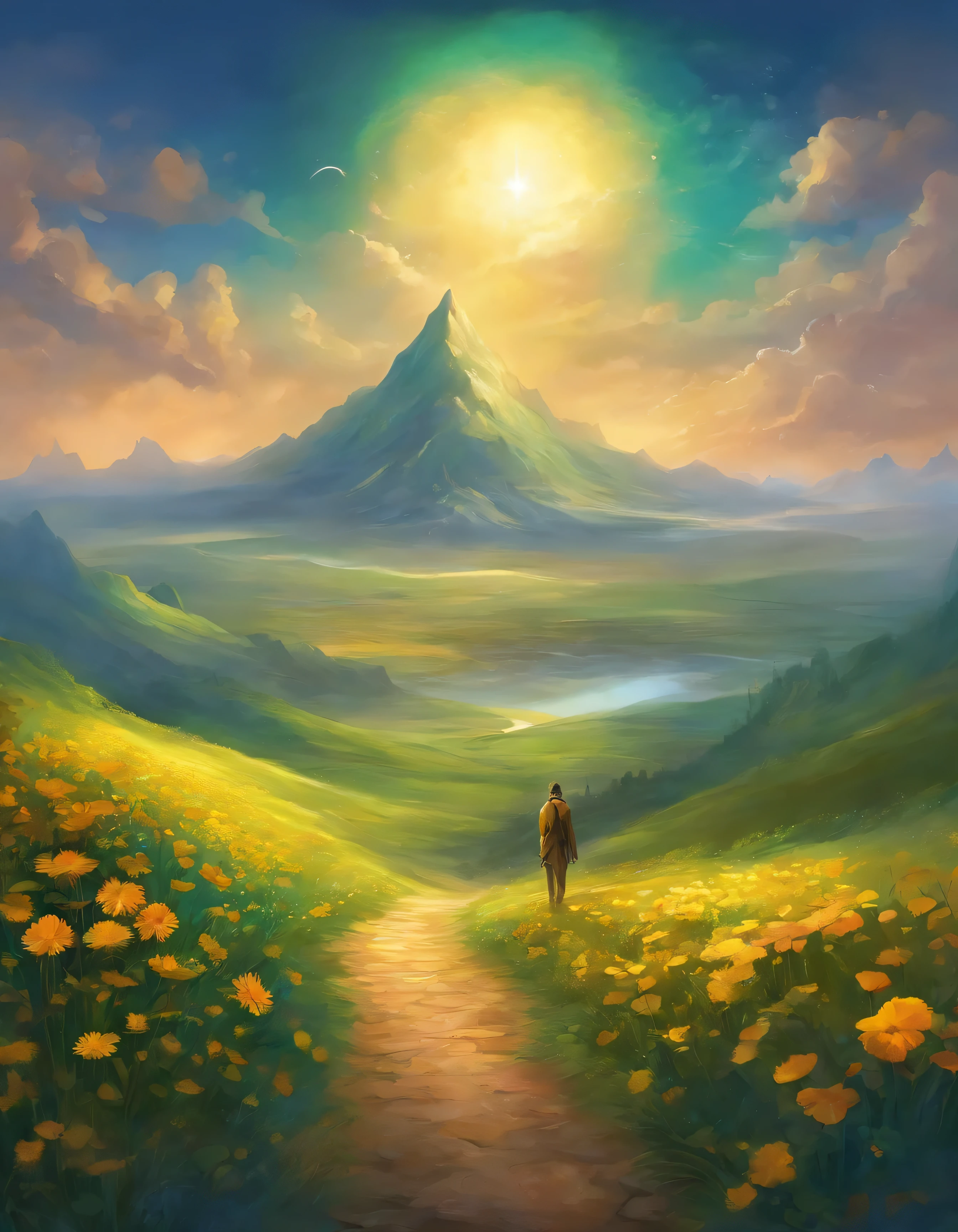 work of art, A mountainous landscape, with a wide open sky. A man standing on the top of a hill, looking towards the horizon.
Plants and flowers that grow around man. Clouds in the sky, some dark and others illuminated by the sun. A path that winds down the side of the hill. Predominant Colors: Blue for the search, green, yellow for the light, brown for the ground of the path. Soft Textures for the clouds and flowers.
Rugged for the earth and the road.