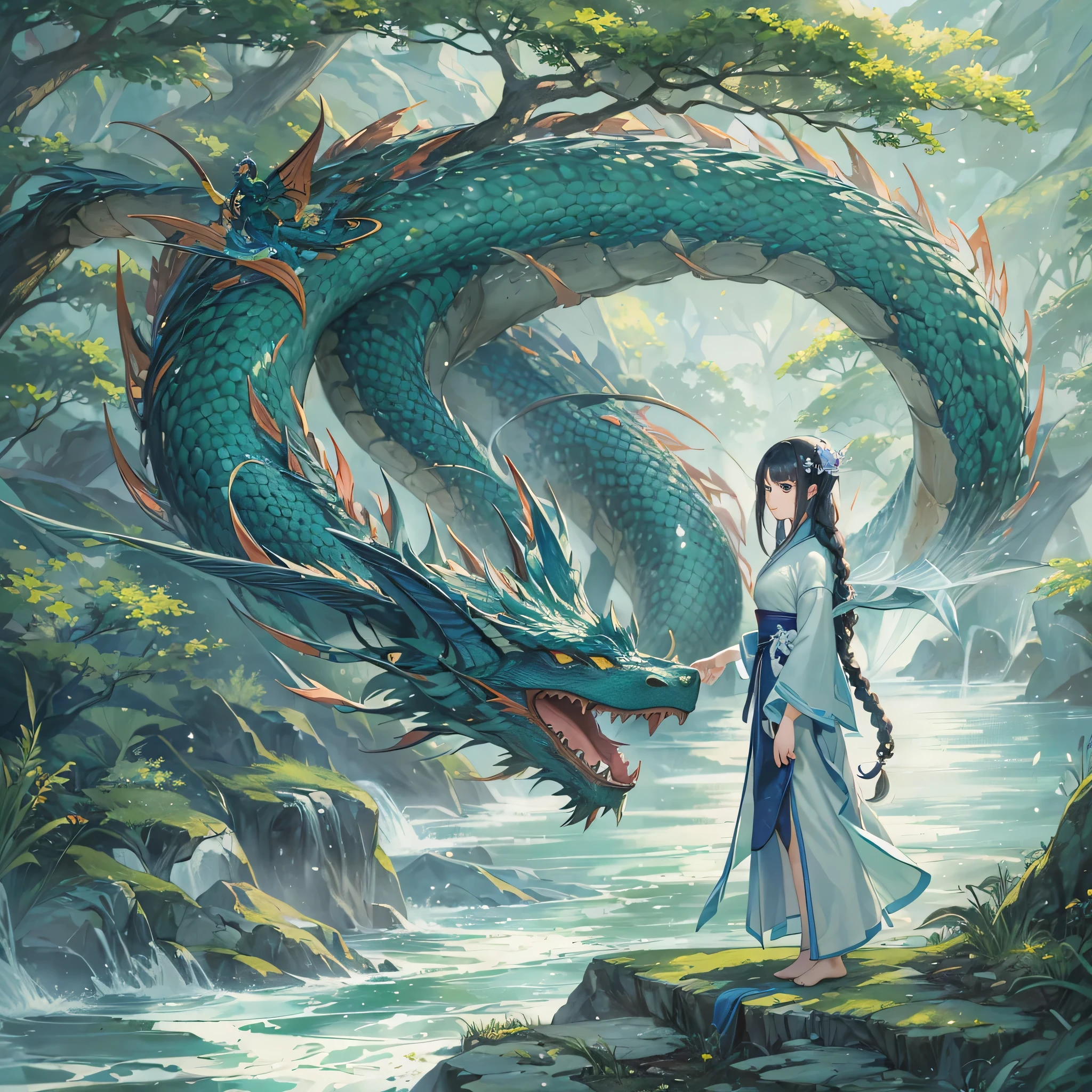 ((4k,masterpiece,highest quality)), Shuimobisim, traditional chinese ink painting, lotus, Hanfu, maxi kit, dress modestly, alone, black long hair, Braid,transparent hair, translucent hair, silky hair, shiny hair, translucent eyes, beautiful brown eyes, smile, Are standing, feet in the water, barefoot,break,dragon, madeon,(concentration line, speed lines:1.1),A picture of a dragon with a big head and big wings, d&ddragon art commission, magnificent dragon, white dragon, alduin, giant dragon as background, wyvern, legendary dragon, huge dragon in the background, majestic gothic dragon, scarred dragon, like a dragon, dragon、our seeds,anime, dragon, fantasy, artwork, artwork, artwork, artwork, artwork, artwork, painting, painting, painting, painting, painting, painting, battle with dragon, dragon in the background, by ヤン・J, man with the soul of a dragon, fighting a dragon, dragon art, i just saw a huge dragon, By Ryan Yee, epic dragon, by Li Zai,(tree,water,nature,sea and forest:1.5), (blue and green:1.4)