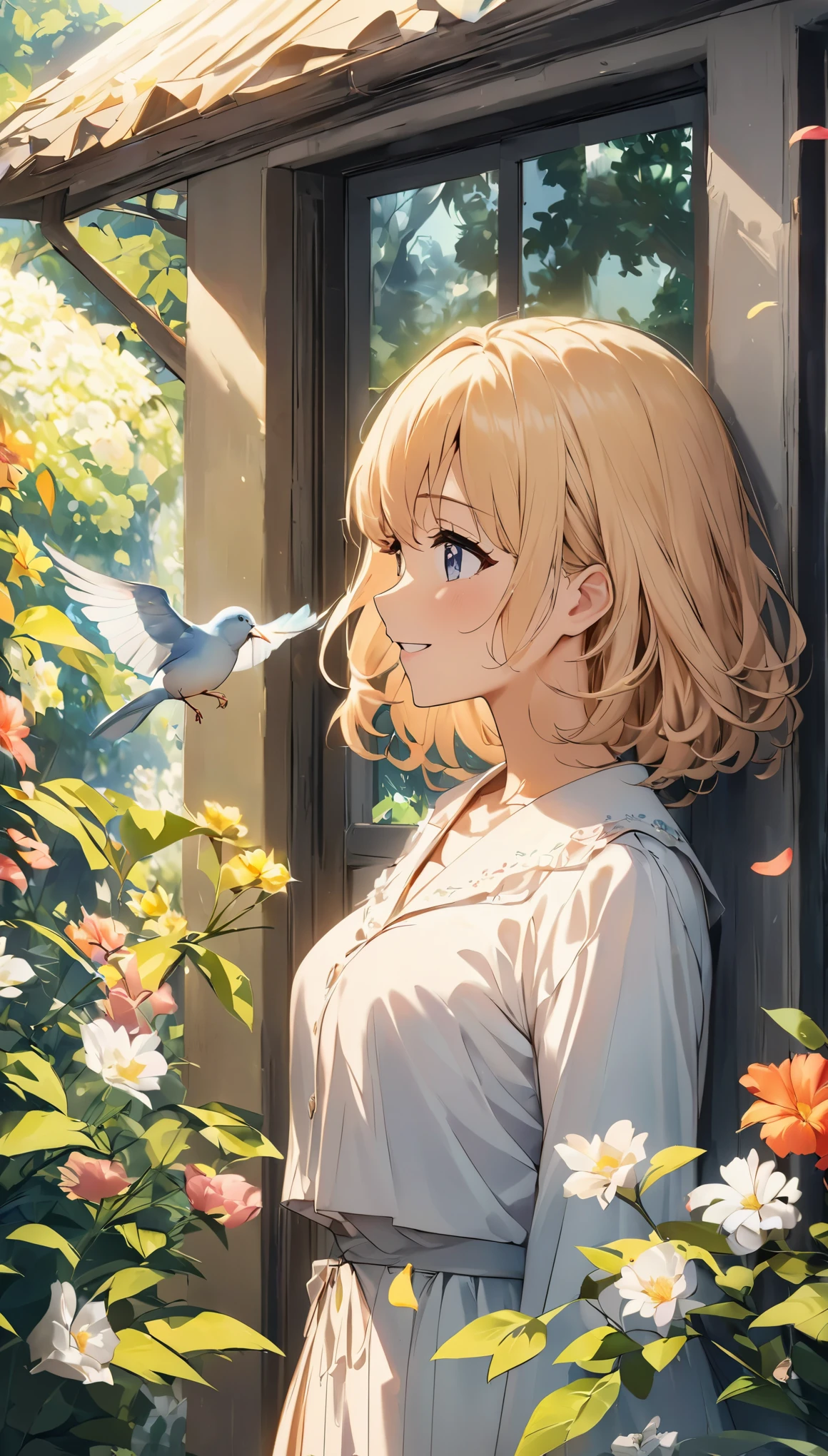 A woman in pajamas opens the window、clear々Fresh morning air and refreshing sunshine、flowers in the garden々is in full bloom、It smells like spring。A work that expresses the freshness of a certain spring morning.。The gentle and calm atmosphere of the whole scene、It is necessary to fully express the cuteness of a woman who stretches in the morning air.。hair blowing in the wind、The wind brings the freshness of spring。A woman&#39;s profile is beautiful and captivates the viewer.。petals riding the wind､birds chirping、I have a feeling that today is going to be a very good day as well.。Excitement、I can&#39;t help but smile。This scene is rendered in anime style, with vivid contrast and beautiful detail.。high quality、4k、8k、High resolution、masterpiece:1.2。