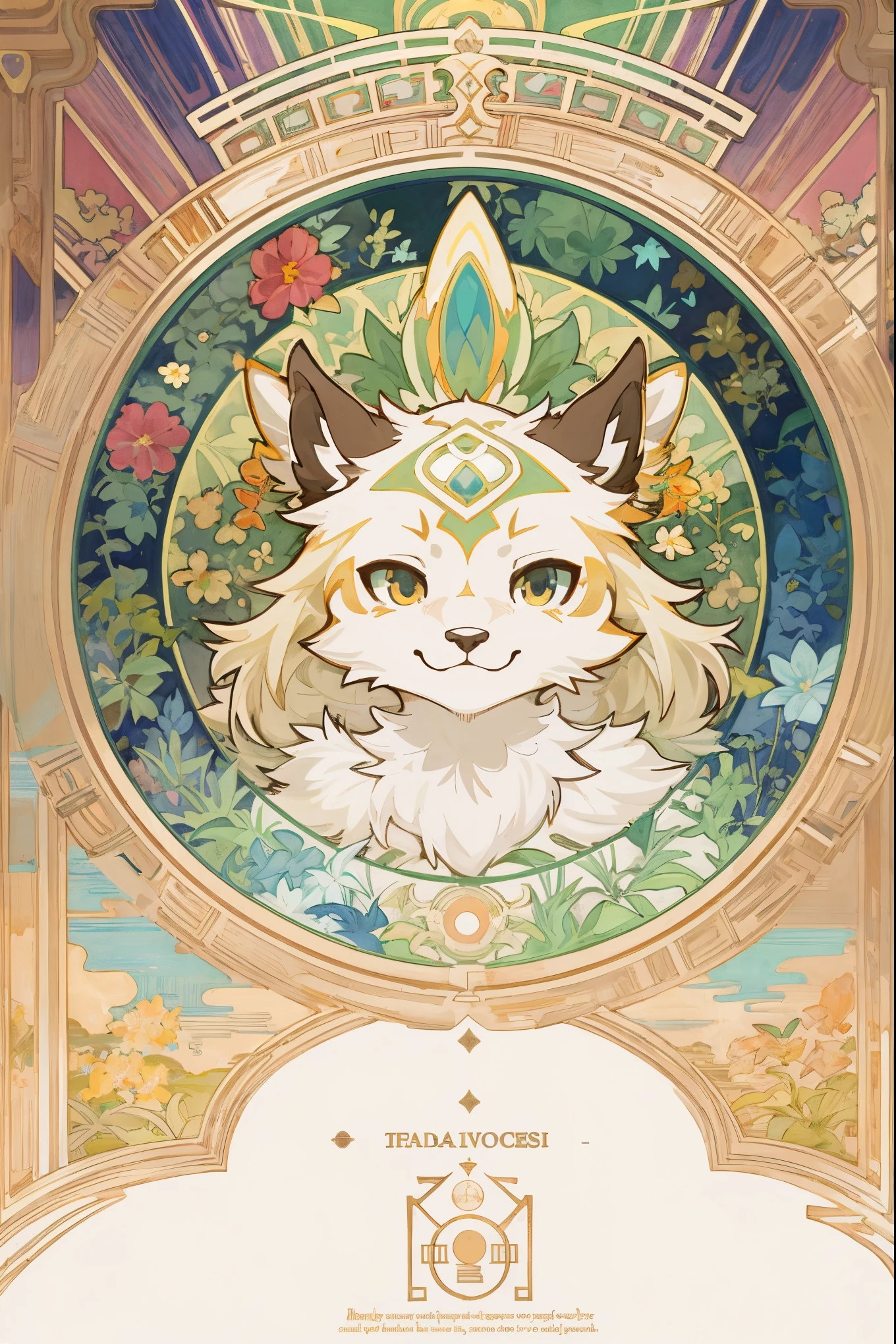 cover page, Perfume poster, kaleidoscope, rzminjourney, vector-art, High-quality illustrations by Alfons Mucha, masterpiece(kemono, furry anthro)logo mark, round, colorful flower,