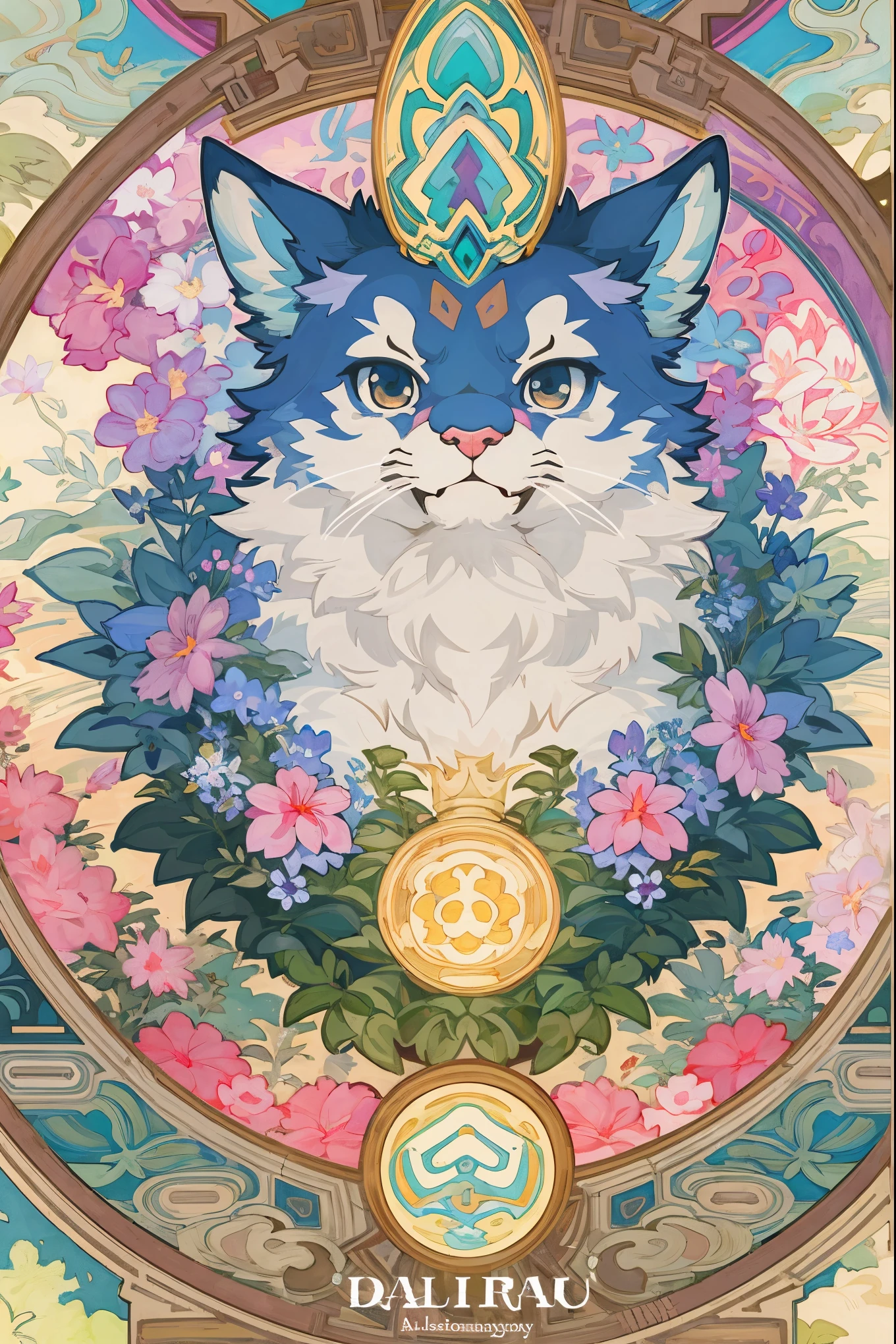cover page, Perfume poster, kaleidoscope, rzminjourney, vector-art, High-quality illustrations by Alfons Mucha, masterpiece(kemono, furry anthro)logo mark, round, colorful flower,