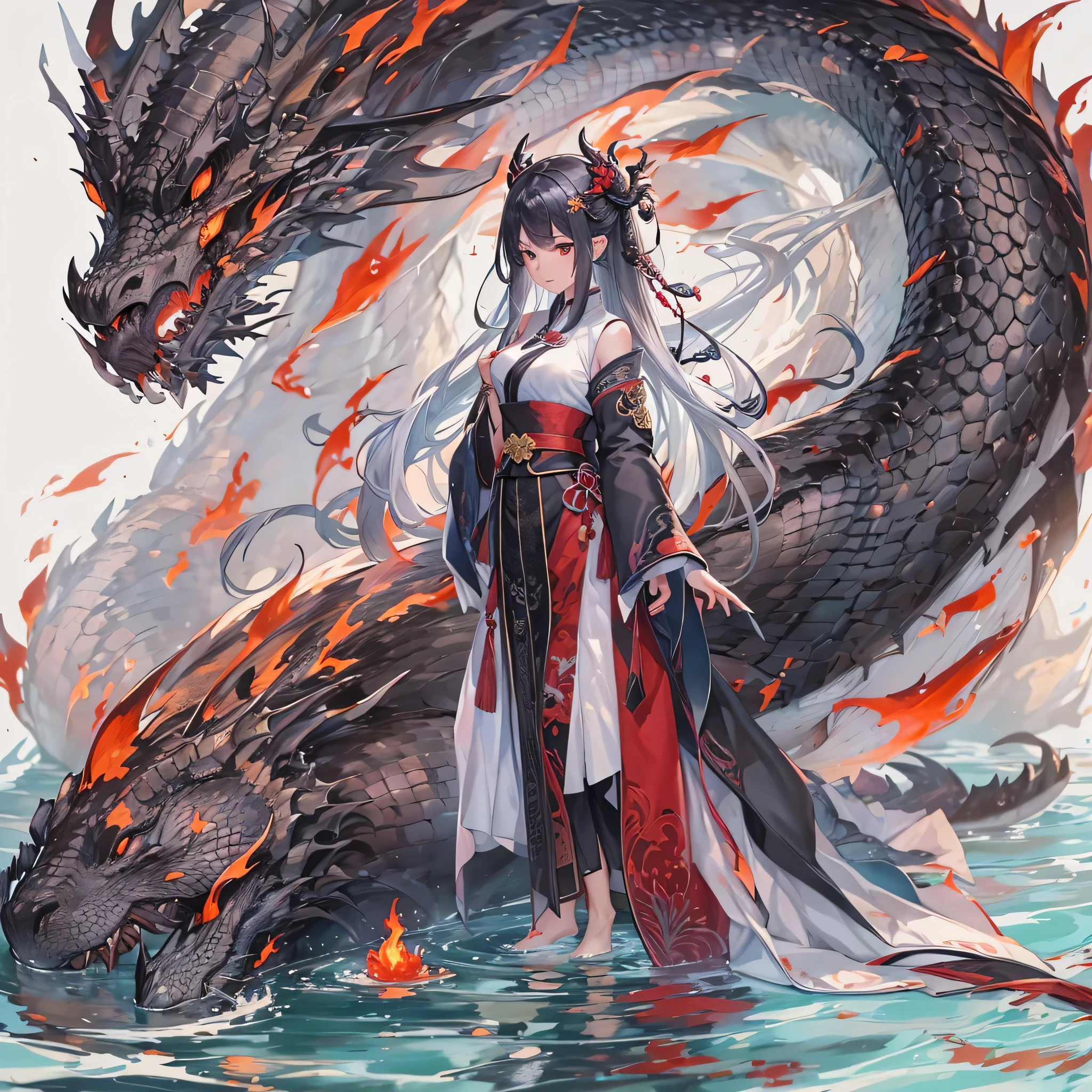 ((4k,masterpiece,highest quality)), Shuimobisim, traditional chinese ink painting, lotus, Hanfu, maxi kit, dress modestly, alone, black long hair, Braid,transparent hair, translucent hair, silky hair, shiny hair, translucent eyes, beautiful brown eyes, smile, Are standing, feet in the water, barefoot,break,dragon, madeon,(concentration line, speed lines:1.1),A picture of a dragon with a big head and big wings, d&ddragon art commission, magnificent dragon, white dragon, alduin, giant dragon as background, wyvern, legendary dragon, huge dragon in the background, majestic gothic dragon, scarred dragon, like a dragon, dragon、our seeds,anime, dragon, fantasy, artwork, artwork, artwork, artwork, artwork, artwork, painting, painting, painting, painting, painting, painting, battle with dragon, dragon in the background, by ヤン・J, man with the soul of a dragon, fighting a dragon, dragon art, i just saw a huge dragon, By Ryan Yee, epic dragon, by Li Zai,(devil, dark,evil,blood and flame:1.5), (black and red:1.4)