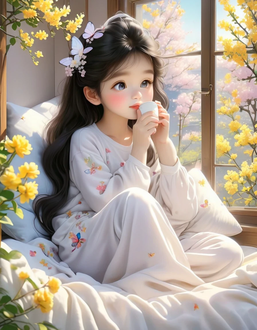 (Best Quality,4K,8K,HD,Masterpiece:1.2),Super Detailed,Realistic:1.37,Illustration,Studio Ghibli Inspired,Bed Scene,(Girl Sitting on Window Sill Drinking Coffee,A Lazy Garfield Sleeping),Spring Morning,Lazy,Cute,Detailed Eyes,Black Hair,(Highlighting the expression of the girl's fleshy and detailed little lips),Reluctant,,Essence of Spring. Butterflies fluttering,pajamas with little pink flowers,spring flower trees,spring flowers,bright colors,warm sunlight,soft light,cozy atmosphere,vibrant,youthful.