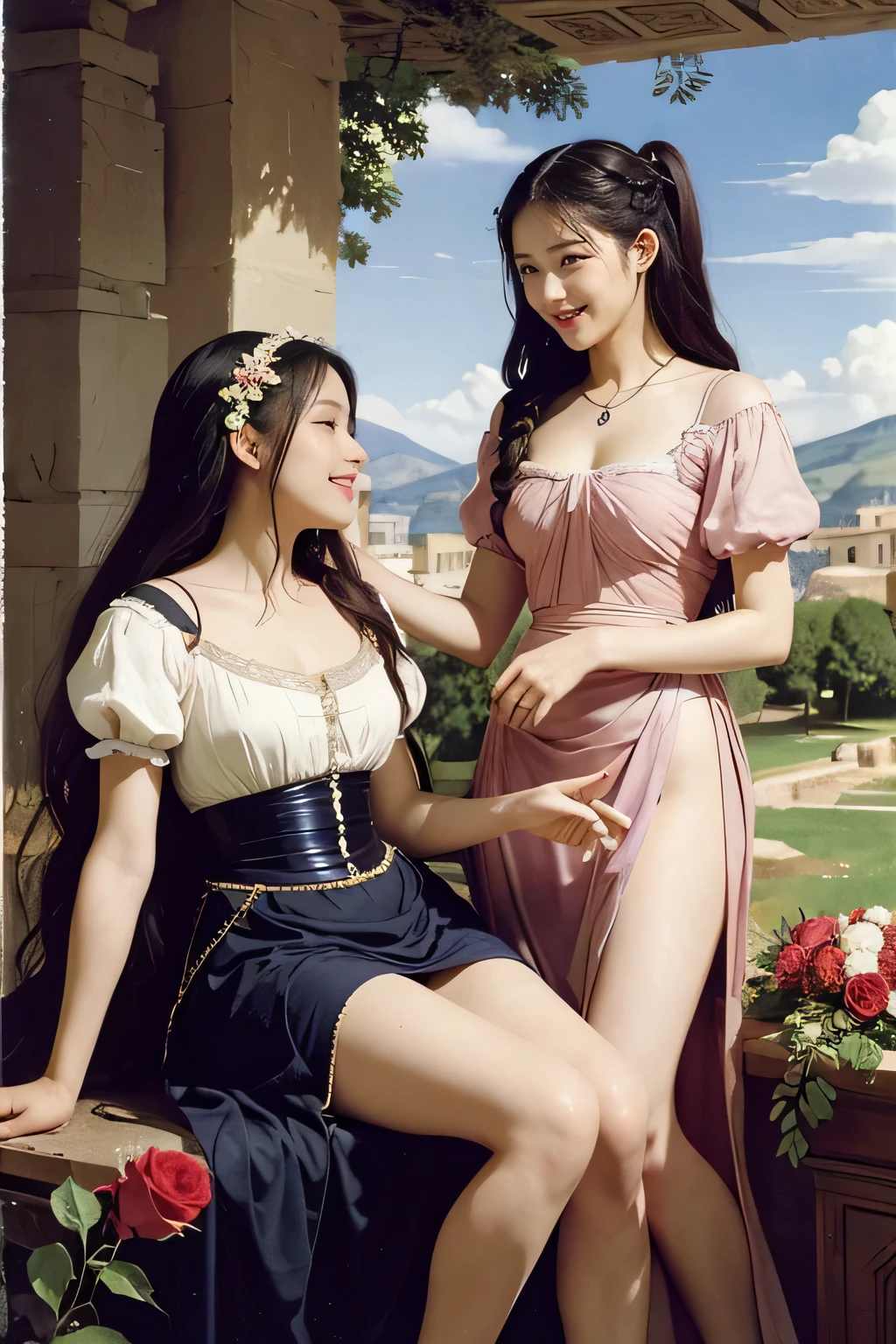 Giorgione painting style,Arguments of two female Philosophe,math、astronomical machine、astronaut、roses in vase、fruits、Cute trinkets、smile、ancient greek costume、Ancient Roman landscape in the style of Nicolas Poussin,laughter,,Sweet and seductive appearance.、Caravaggio's paintings、Chiaroscuro of Caravaggio、hair tousled by the wind,Two women frolicking,cute smile, expression of ecstasy,Sexy,erotic