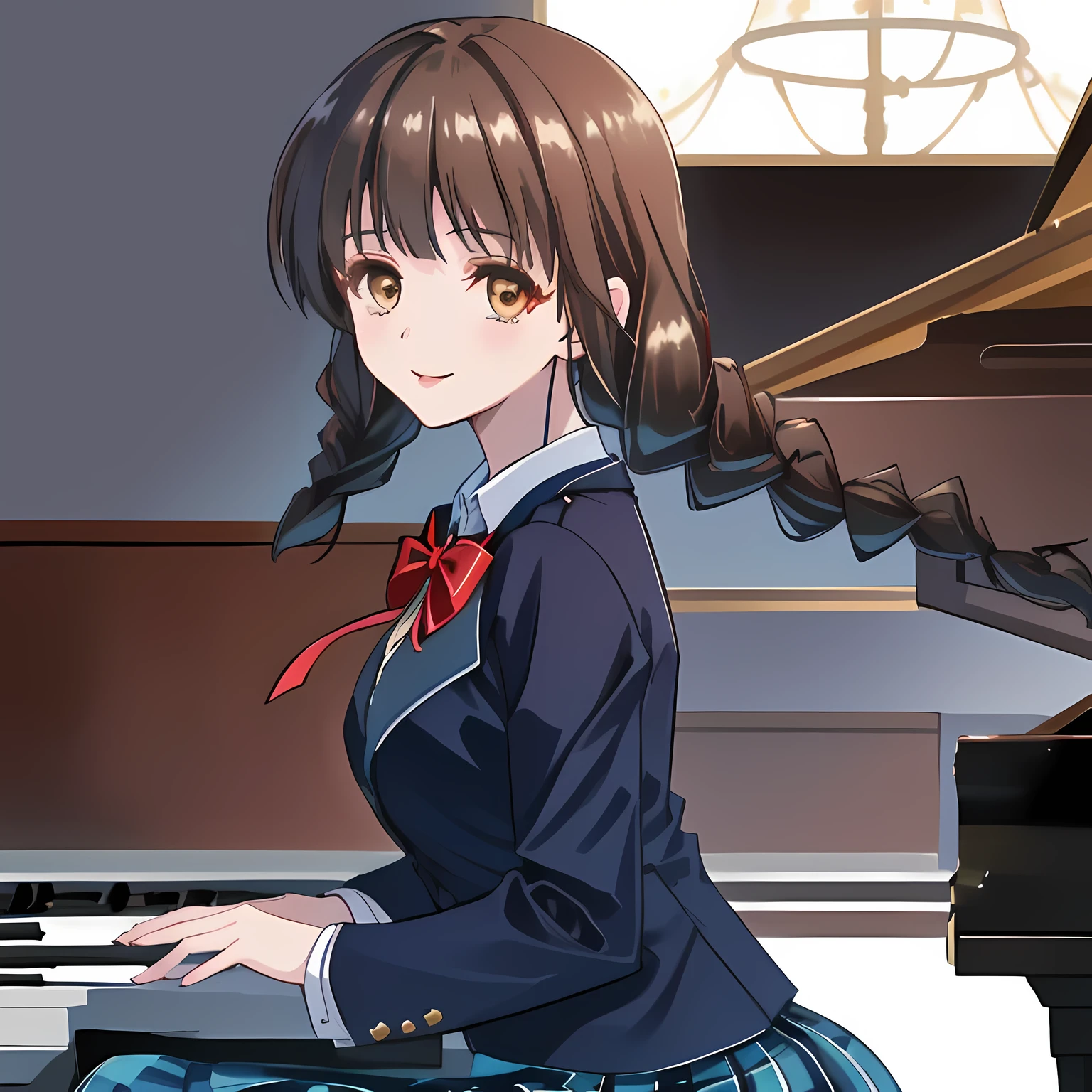 highest quality, (masterpiece:1.2), High resolution, perfect pixel, A so beautiful woman is singing a chant, , (((big very detailed beautiful dark brown eyes like angel))), ((girly large wine-red glossy polyester Japanese school ribbon bow tie)), (((beautiful twin braids hair))), ((((dark blue & deep navy colored tartan checkered long skirt)))), ((A formal dark blue blazer that is slightly larger and has a gold emblem on the left chest that feels like the texture of the cloth.)), Watching the viewer and laughing, Very fun, Very happy, mouth is open, the skirt is so cute, detailed fingers, modest chest, curled bangs, ((Lip balm)), so beautiful, long eyelashes, ((Skirt and bow tie is photo realistic)), ((The background is a music room with a piano.)), Appeal to viewers, big long girly hair ribbons, Impressive and very beautiful eyes, shot from the side