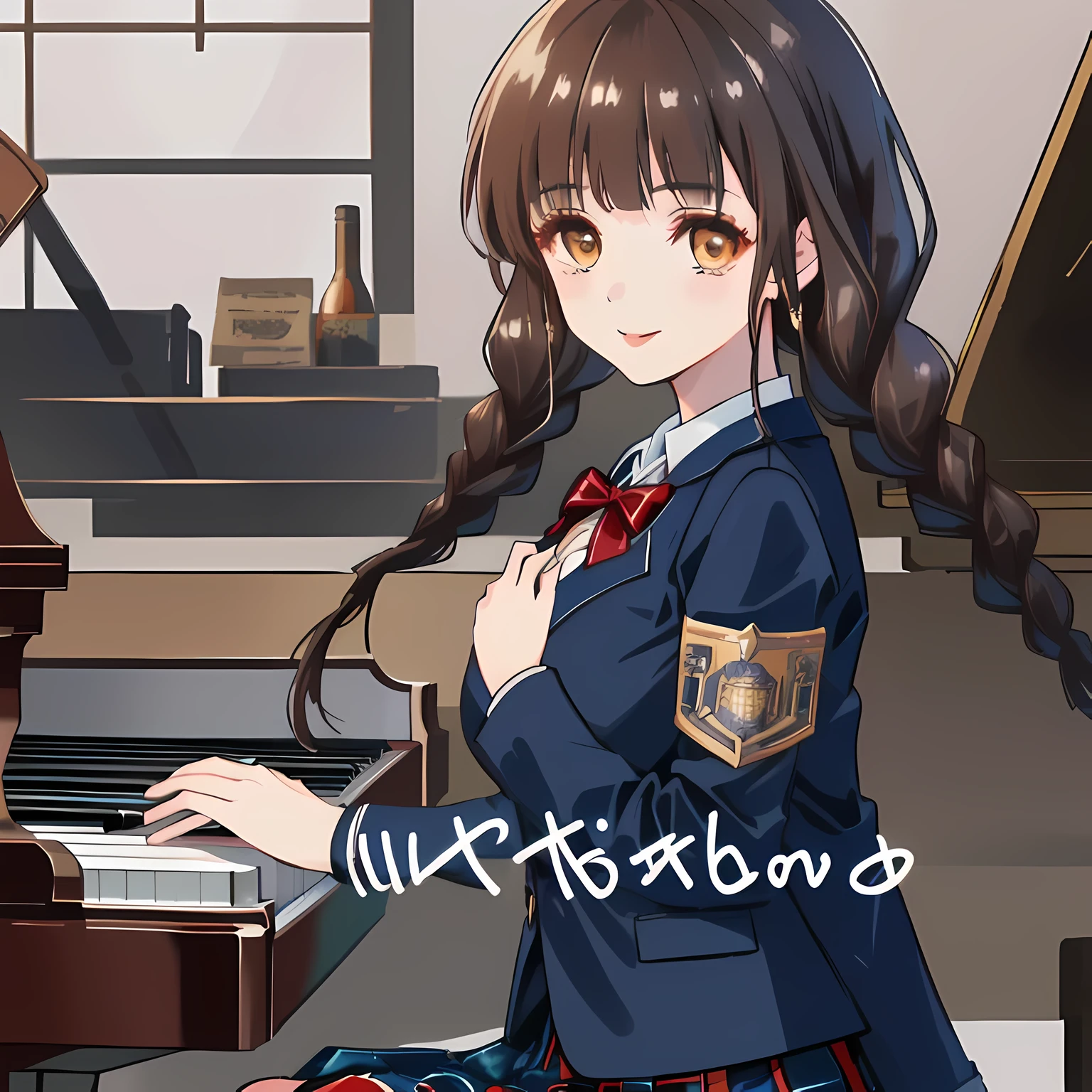 highest quality, (masterpiece:1.2), High resolution, perfect pixel, A so beautiful woman is singing a chant, , (((big very detailed beautiful dark brown eyes like angel))), ((girly large wine-red glossy polyester Japanese school ribbon bow tie)), (((beautiful twin braids hair))), ((((dark blue & deep navy colored tartan checkered long skirt)))), ((A formal dark blue blazer that is slightly larger and has a gold emblem on the left chest that feels like the texture of the cloth.)), Watching the viewer and laughing, Very fun, Very happy, mouth is open, the skirt is so cute, detailed fingers, modest chest, curled bangs, ((Lip balm)), so beautiful, long eyelashes, ((Skirt and bow tie is photo realistic)), ((The background is a music room with a piano.)), Appeal to viewers, big long girly hair ribbons, Impressive and very beautiful eyes, shot from the side