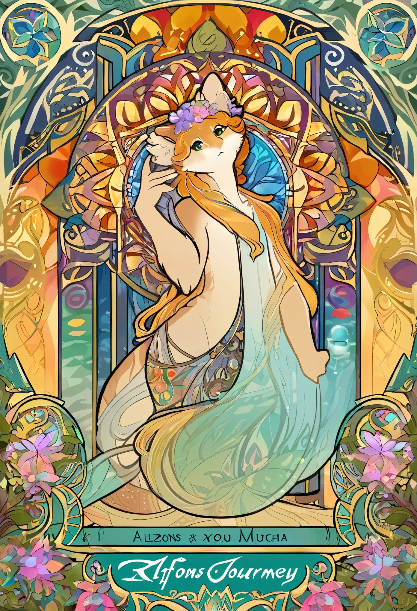 cover page, Perfume poster, kaleidoscope, rzminjourney, vector-art, High-quality illustrations by Alfons Mucha, masterpiece(kemono, furry anthro)logo mark, round, colorful flower,