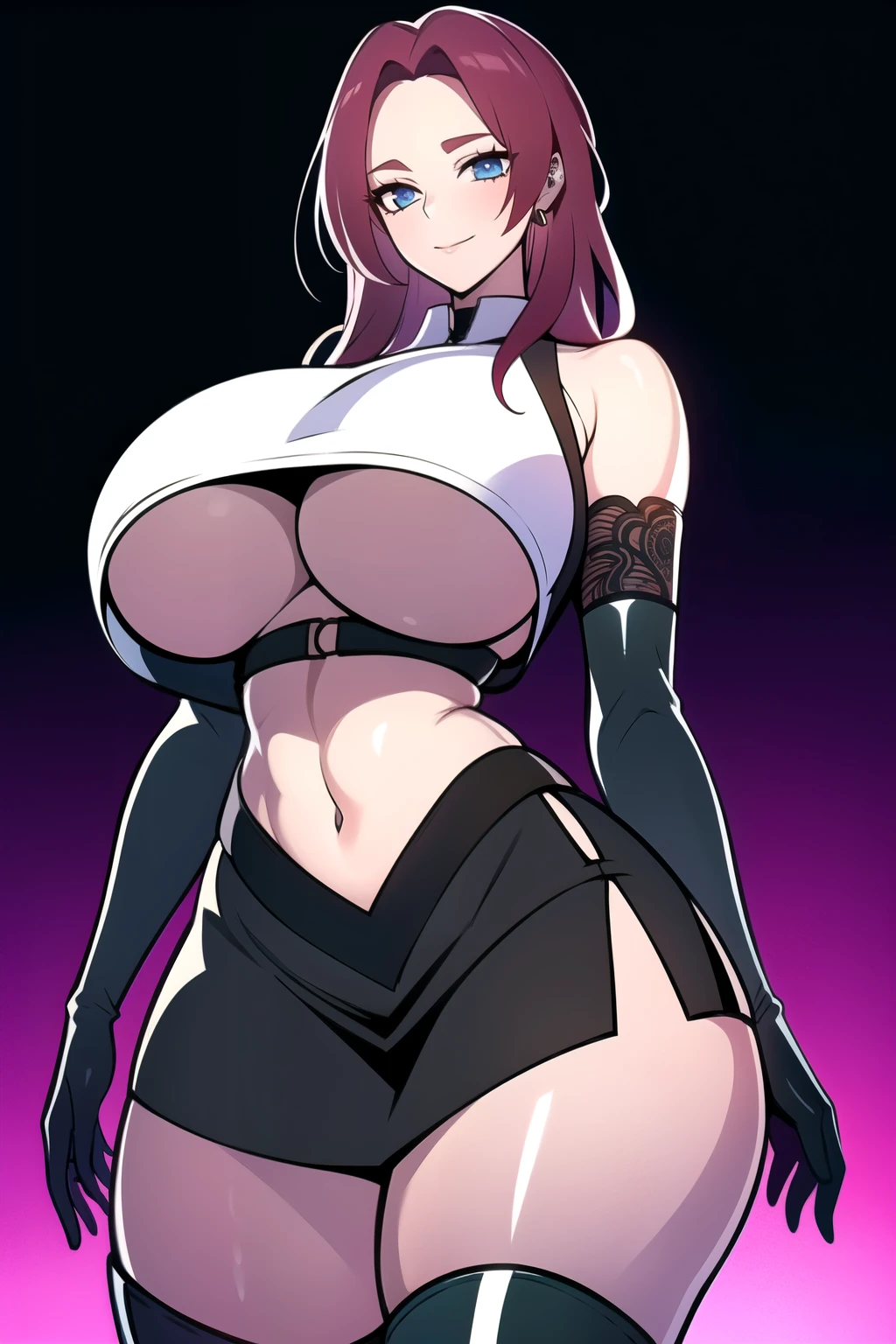 ultra realistic 8k cg, masterpiece, ((ultra detailed background, intricate detail, highly detailed, fine details best quality, hyperdetailed face)), gigantic breasts ,beautiful lighting, absurdres, BoaHancockV2, 1girl, solo, red hair, long hair, jewelry, closed mouth, ), ((black crop top : 1.1), (underboob : 1.4), elbow gloves, thigh boots, split skirt, bare shoulders, curvy, midriff, curvy, thighs, shiny clothes), blue eyes, complex detailed background, inside, luxury palace), ((cowboy shot)), curvy, (gigantic breasts: 1.1), seductive smile, cowboy shot,