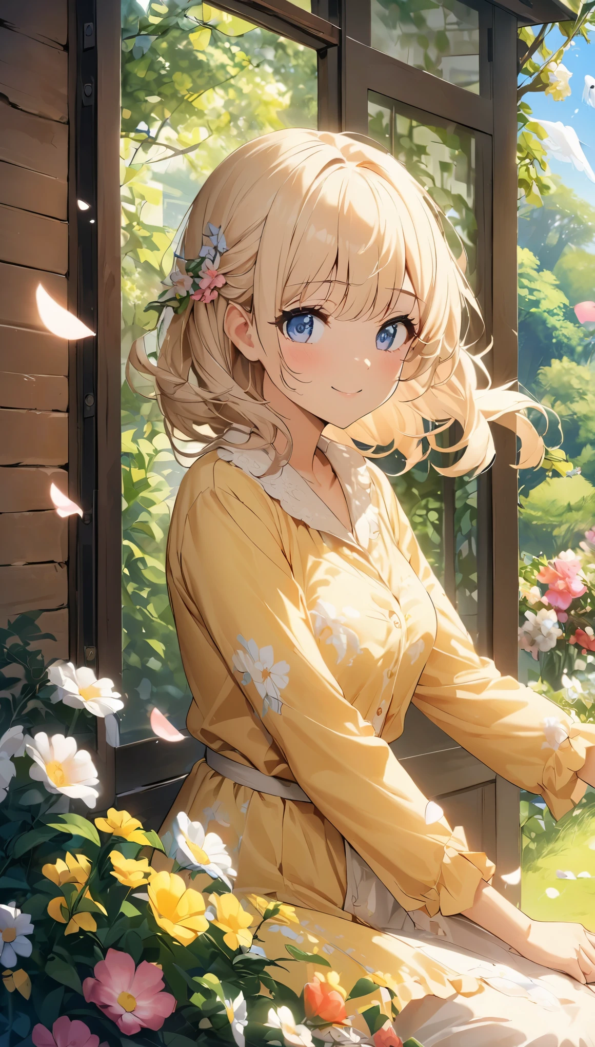 A woman in pajamas opens the window、clear々Fresh morning air and refreshing sunshine、flowers in the garden々is in full bloom、It smells like spring。A work that expresses the freshness of a certain spring morning.。The gentle and calm atmosphere of the whole scene、It is necessary to fully express the cuteness of a woman who stretches in the morning air.。hair blowing in the wind、The wind brings the freshness of spring。A woman&#39;s profile is beautiful and captivates the viewer.。petals riding the wind､birds chirping、I have a feeling that today is going to be a very good day as well.。Excitement、I can&#39;t help but smile。This scene is rendered in anime style, with vivid contrast and beautiful detail.。high quality、4k、8k、High resolution、masterpiece:1.2。