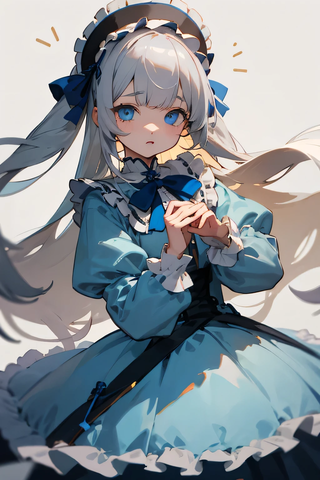 Gray-haired half twin、long hair、Patsun bangs、She wears a light blue lolita outfit、blue eyed girl、The one who gets teased、Drooping eyes、fluffy
