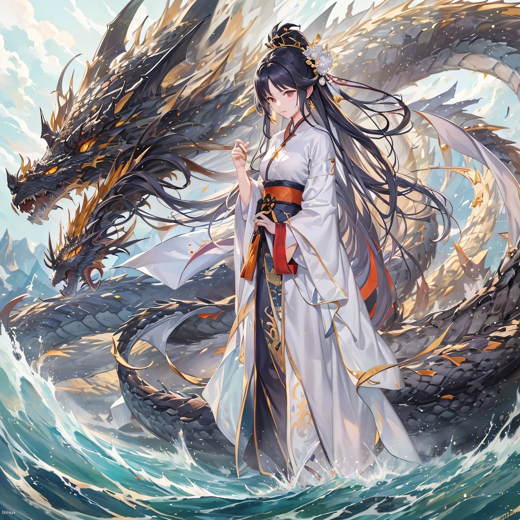 ((4k,masterpiece,highest quality)), Shuimobisim, traditional chinese ink painting, lotus, Hanfu, maxi kit, dress modestly, alone, black long hair, Braid,transparent hair, translucent hair, silky hair, shiny hair, translucent eyes, beautiful brown eyes, smile, Are standing, feet in the water, barefoot,break,dragon, madeon,(concentration line, speed lines:1.1),A picture of a dragon with a big head and big wings, d&ddragon art commission, magnificent dragon, white dragon, alduin, giant dragon as background, wyvern, legendary dragon, huge dragon in the background, majestic gothic dragon, scarred dragon, like a dragon, dragon、our seeds,anime, dragon, fantasy, artwork, artwork, artwork, artwork, artwork, artwork, painting, painting, painting, painting, painting, painting, battle with dragon, dragon in the background, by ヤン・J, man with the soul of a dragon, fighting a dragon, dragon art, i just saw a huge dragon, By Ryan Yee, epic dragon, by Li Zai,(god holyな,god holy,god,white and gold:1.5),(facing right,battle:1.6)