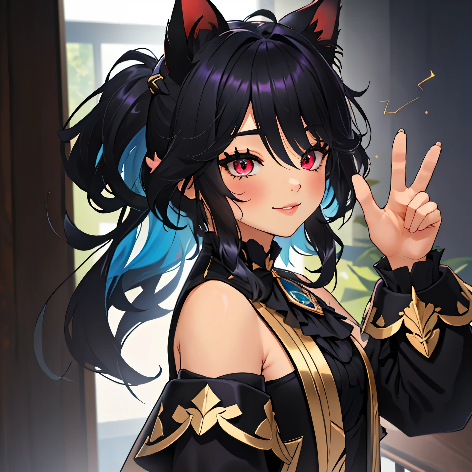 Furina, surrealismo, 8K, Super detail, Hidro Aarchon, muslos de Thicc, session, cara malcriada, presumido, Hermosos ojos, genshin, Obra maestra, La mejor calidad, Ultra detallado, illustration, epic lighting, cinematographic composition, isometric, 1 chica, solamente, Hermoso,mirada encantadora, Pose cautivadora, adentro, Mirando al espectador, sonrojarse, sonrisa seductora, boca cerrada, malcriado, presumido(8K:1.1), 20 years, ,((long hair slightly wavy slightly past the shoulders, black bangs, small black pigtails on the sides, con luces en el cabello color azul, cute cat ears, beautiful thin red eyes)),