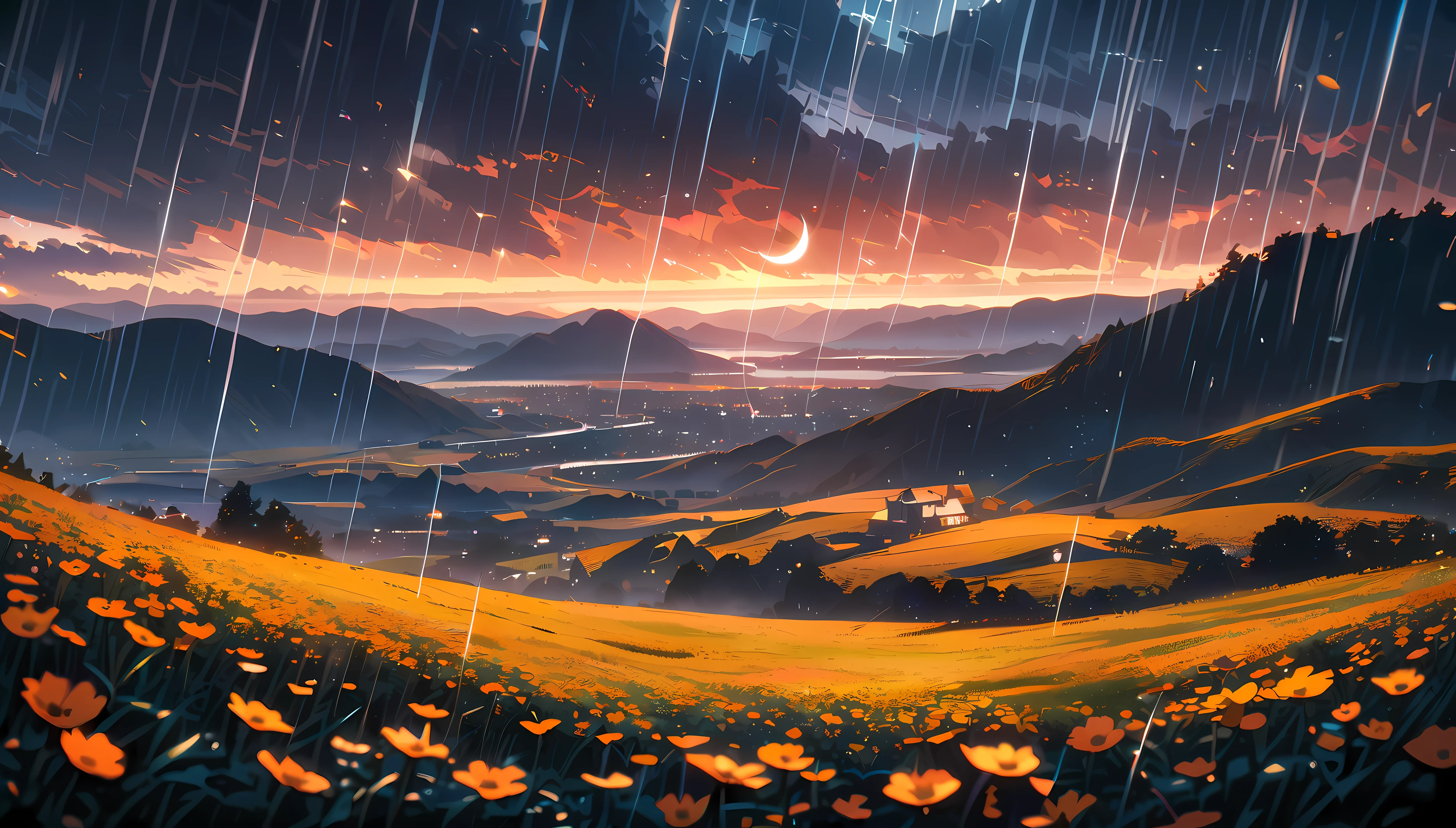 rain, downpour, flowers field, bright night, aesthetics, skies full of stars, landscape, crescent, dark blue and bright orange colors, anime, Ghibli-like colours, cinematic lighting, wide shot, 16k, 8k, highres, best quality, high quality, award winning, super detail, ccurate, masterpiece, UHD