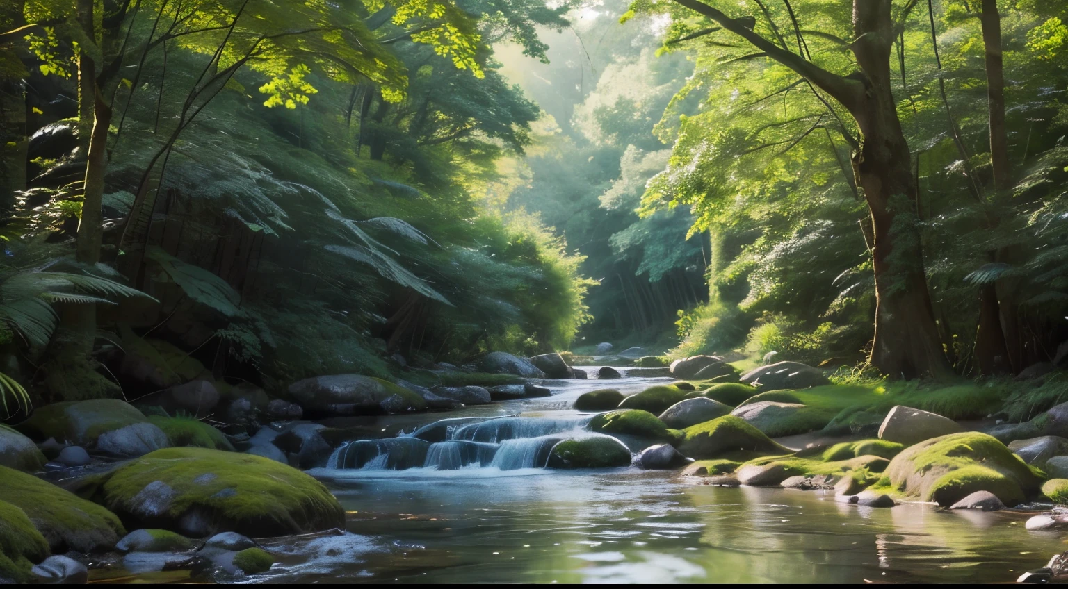 I took a photo of a peaceful moment spent in nature..。wood々Imagine a peaceful landscape bathed in soft morning light.。.。a gentle meandering stream、Surrounded by lush greenery。The overall atmosphere is calm and connected to the natural world.、Highlights the beauty and serenity of outdoor moments。