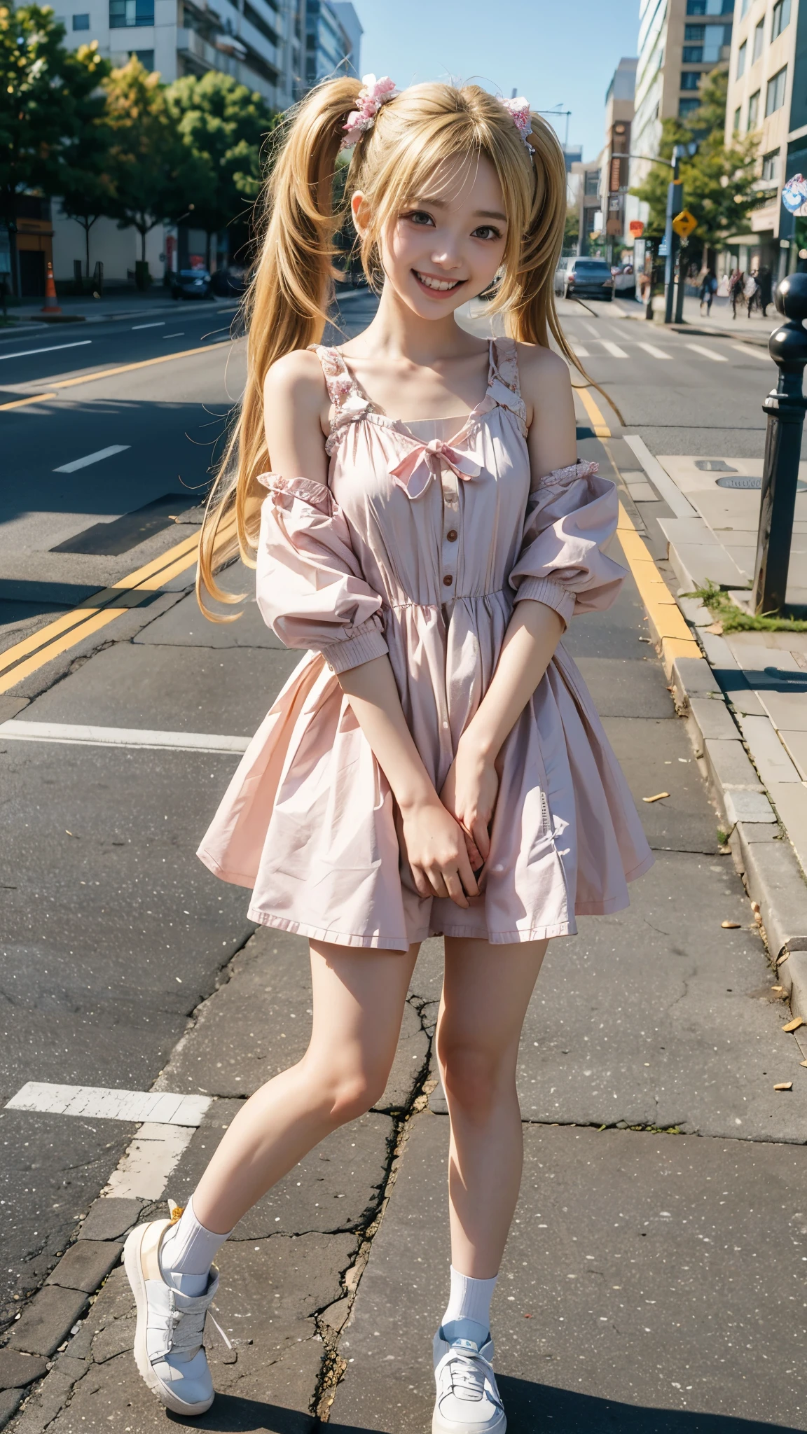 masterpiece,Super realistic image quality,8k,Random city background,photo from the knees up,(detailed face,pupil,skin),kーDress like a pop idol,baggy clothes,blonde twintails,キラキラしたpupil,I'm showing my teeth and smiling,