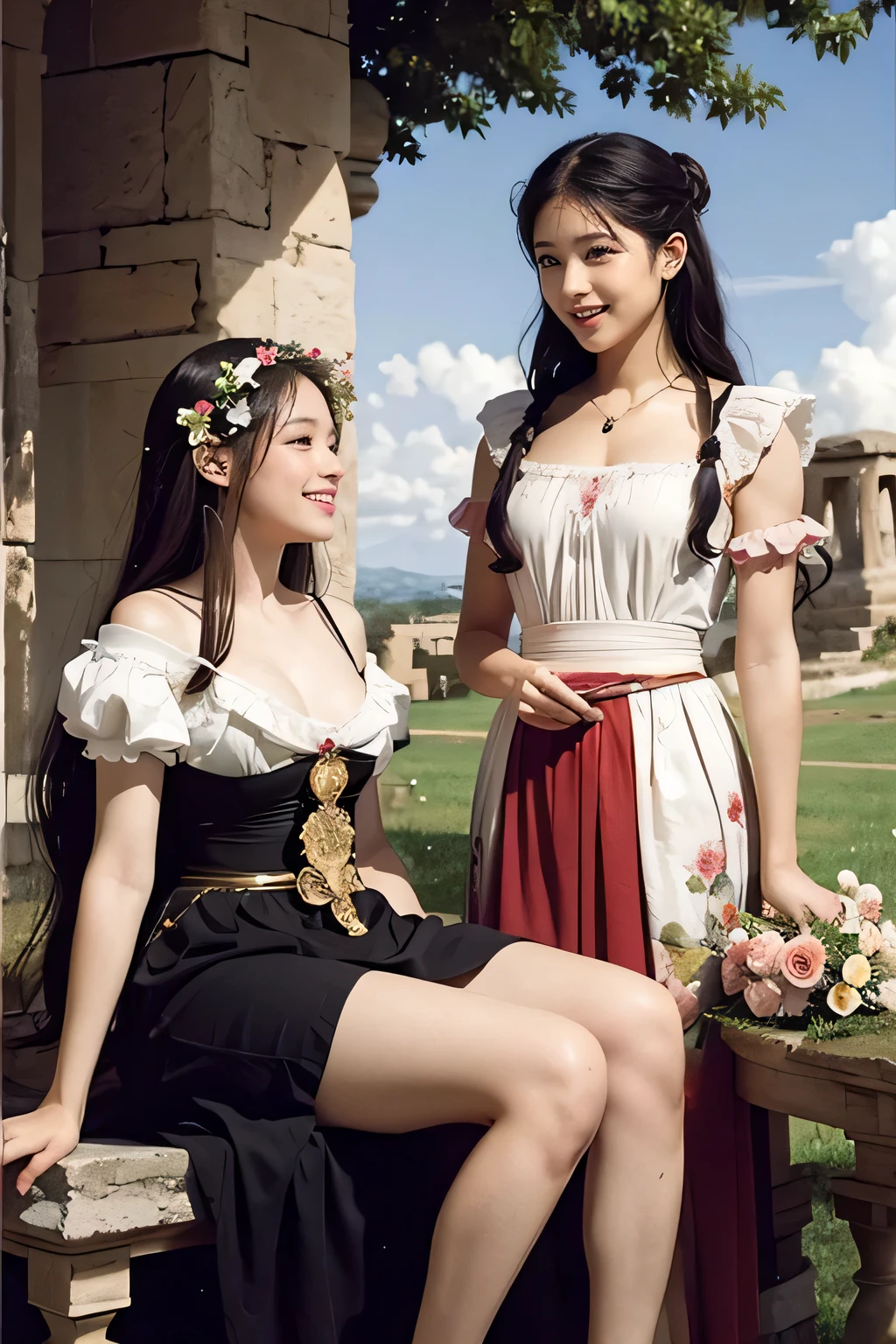 Giorgione painting style,Arguments of two female Philosophe,math、astronomical machine、astronaut、roses in vase、fruits、Cute trinkets、smile、ancient greek costume、Ancient Roman landscape in the style of Nicolas Poussin,laughter,,Sweet and seductive appearance.、Caravaggio's paintings、Chiaroscuro of Caravaggio、hair tousled by the wind,Two women frolicking,cute smile, expression of ecstasy,Sexy,erotic