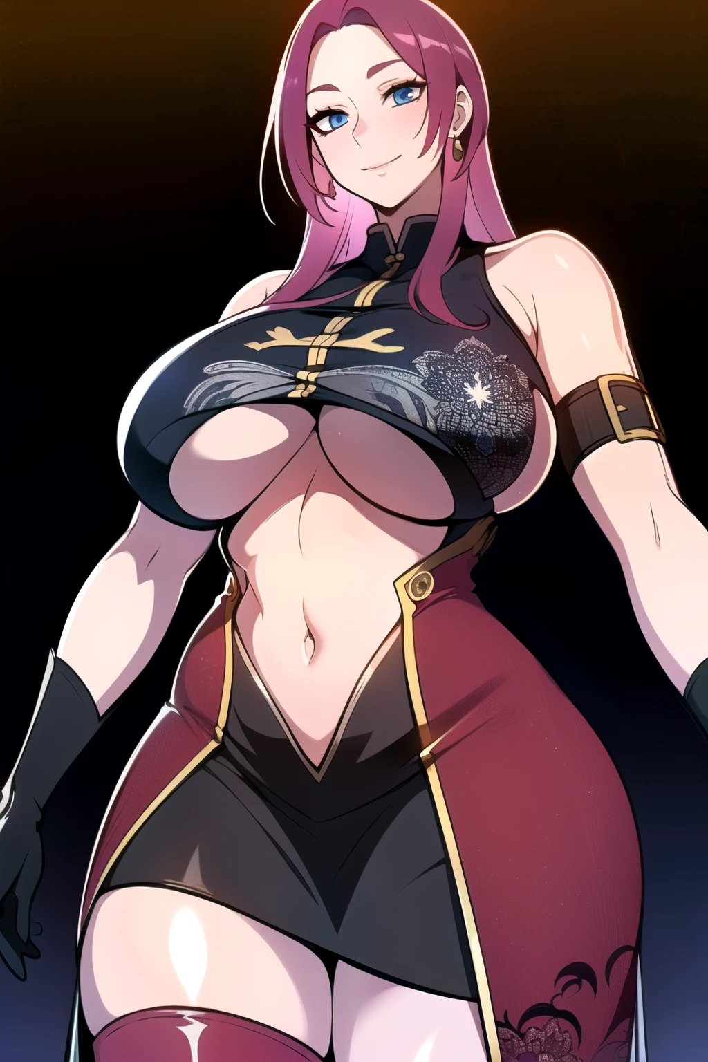 ultra realistic 8k cg, masterpiece, (( intricate detail, highly detailed, fine details best quality, hyperdetailed face)), gigantic breasts ,beautiful lighting, absurdres, BoaHancockV2, 1girl, solo, red hair, long hair, jewelry, closed mouth, ), (chinese dress, (underboob : 1.4), elbow gloves, thigh boots, split skirt, bare shoulders, curvy, midriff, curvy, thighs, shiny clothes), blue eyes, (complex detailed background, inside, luxury palace), ((cowboy shot)), curvy, (gigantic breasts: 1.1), seductive smile, cowboy shot,