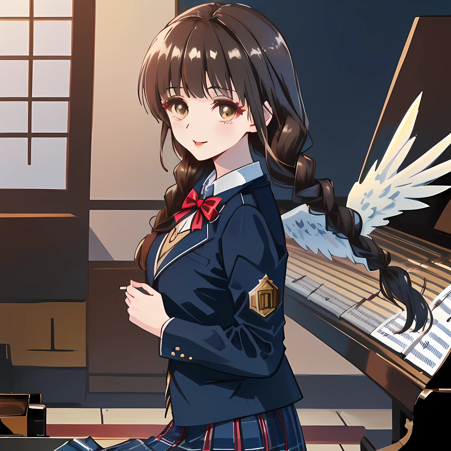 highest quality, (masterpiece:1.2), High resolution, perfect pixel, One so beautiful woman is singing the chorus, 16 years old, (((big very detailed beautiful dark brown eyes like angel))), ((girly large wine-red glossy polyester Japanese school ribbon bow tie)), (((beautiful twin braids hair))), ((((dark blue & deep navy colored tartan checkered long skirt)))), ((A formal dark blue blazer that is slightly larger and has a gold emblem on the left chest that feels like the texture of the cloth.)), Watching the viewer and laughing, Very fun, Very happy, mouth is open, the skirt is so cute, detailed fingers, modest chest, curled bangs, ((Lip balm)), so beautiful, long eyelashes, ((Skirt and bow tie is photo realistic)), ((The background is a music room with a piano.)), Appeal to viewers, big long girly hair ribbons, Impressive and very beautiful eyes, shot from the side