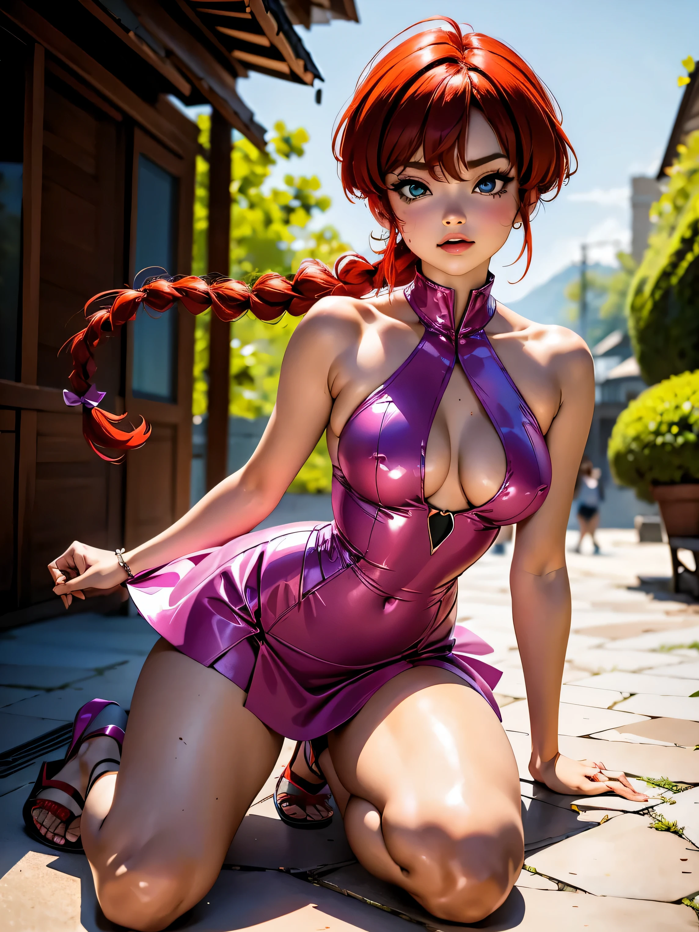 Garota anime ruiva com vestido longo pink e purple de casamento com corselet, saia, , corpo bonito, seios grandes, with hands behind head, running your hands through your hair, Garota sexy, red short hair with braid, mechas de cabelo laterais, mechas de cabelo na lateral do rosto, beautiful lighting, sombras suaves, olhos azuis, pernas bonitas, short hair with braid, estilo anime, Ranma Chan, Autora Rumiko Takahashi, Baseado em obra de Rumiko Takahashi, Anime Ranma 1/ 2, decote sexy, quadril robusto, corpo inteiro, corpo inteiro, busto grande, garota jovem com corpo belo e bonito, sandals on his feet, garota 16 anosbaixa estatura, usando vestido longo pink e purple, garota anime, estilo anime, beautiful feet in sandals, 0° front viewing angle, ao ar livre, red hair braid